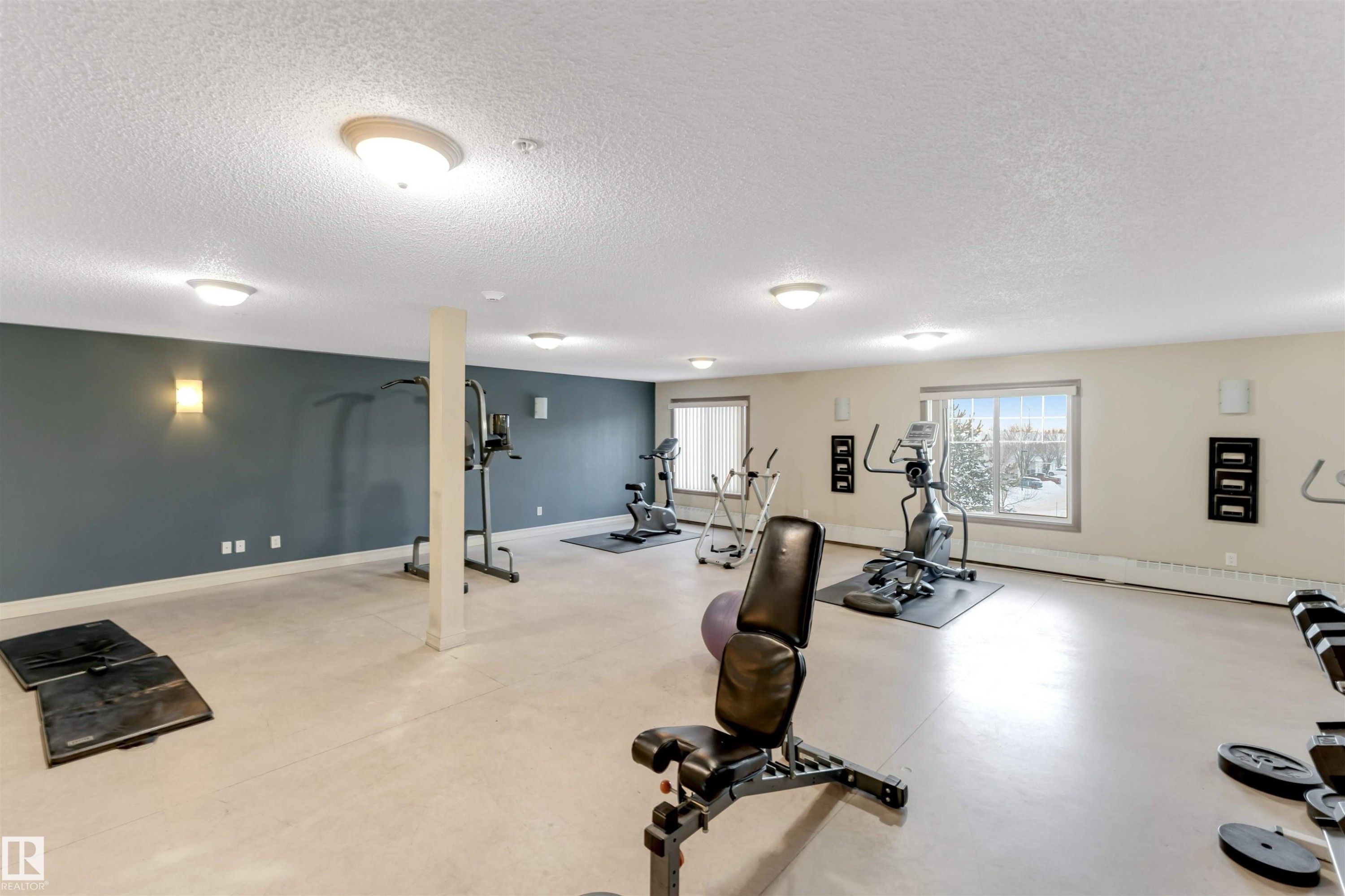 Workout area featuring finished concrete floors and a textured ceiling - #201 4403 23 Street Nw, Edmonton, AB - Indoor Photo Showing Gym Room