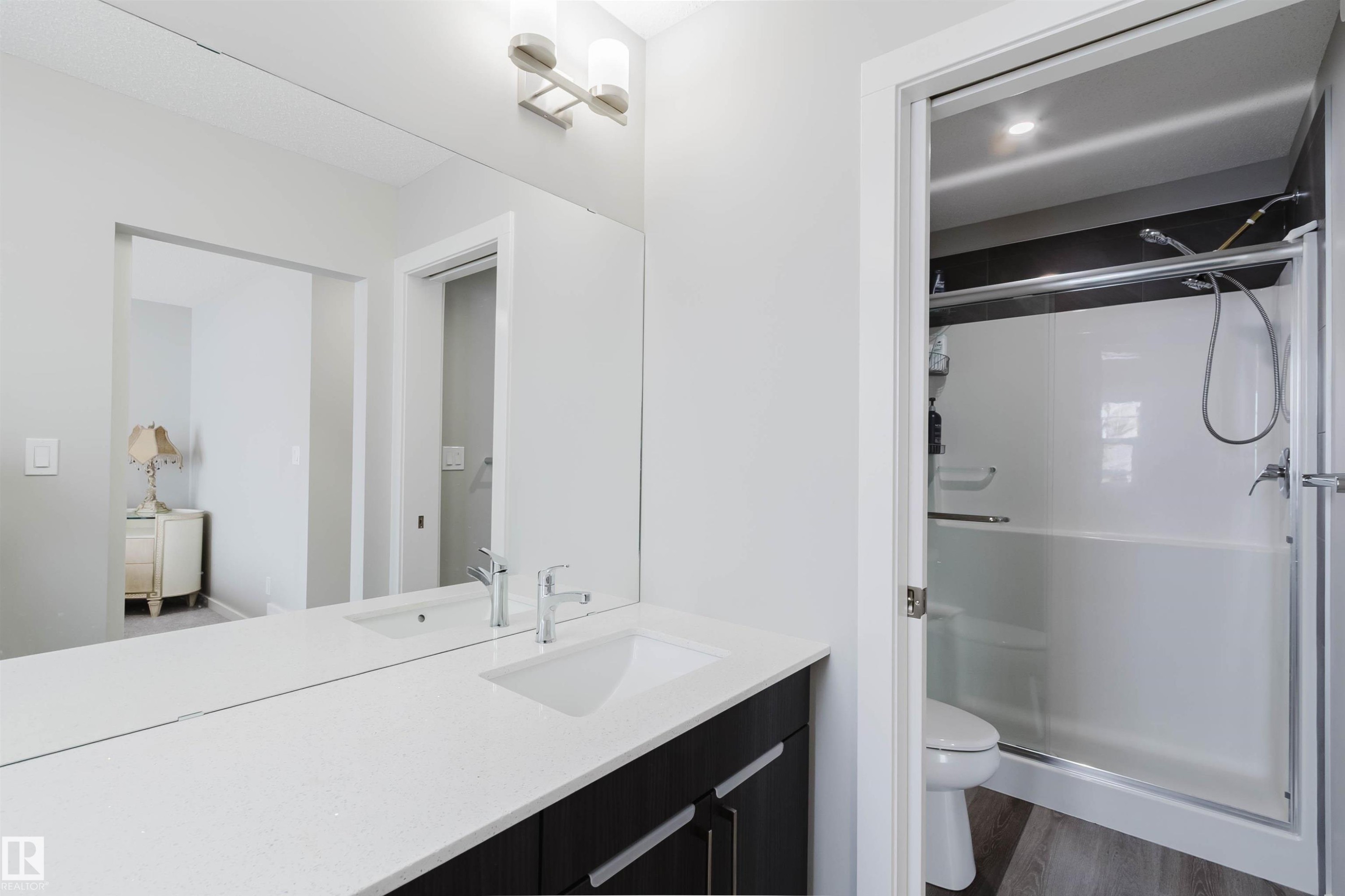 Full bathroom with vanity, a stall shower, and dark wood finished floors - 343 Edgemont Drive, Edmonton, AB - Indoor Photo Showing Bathroom