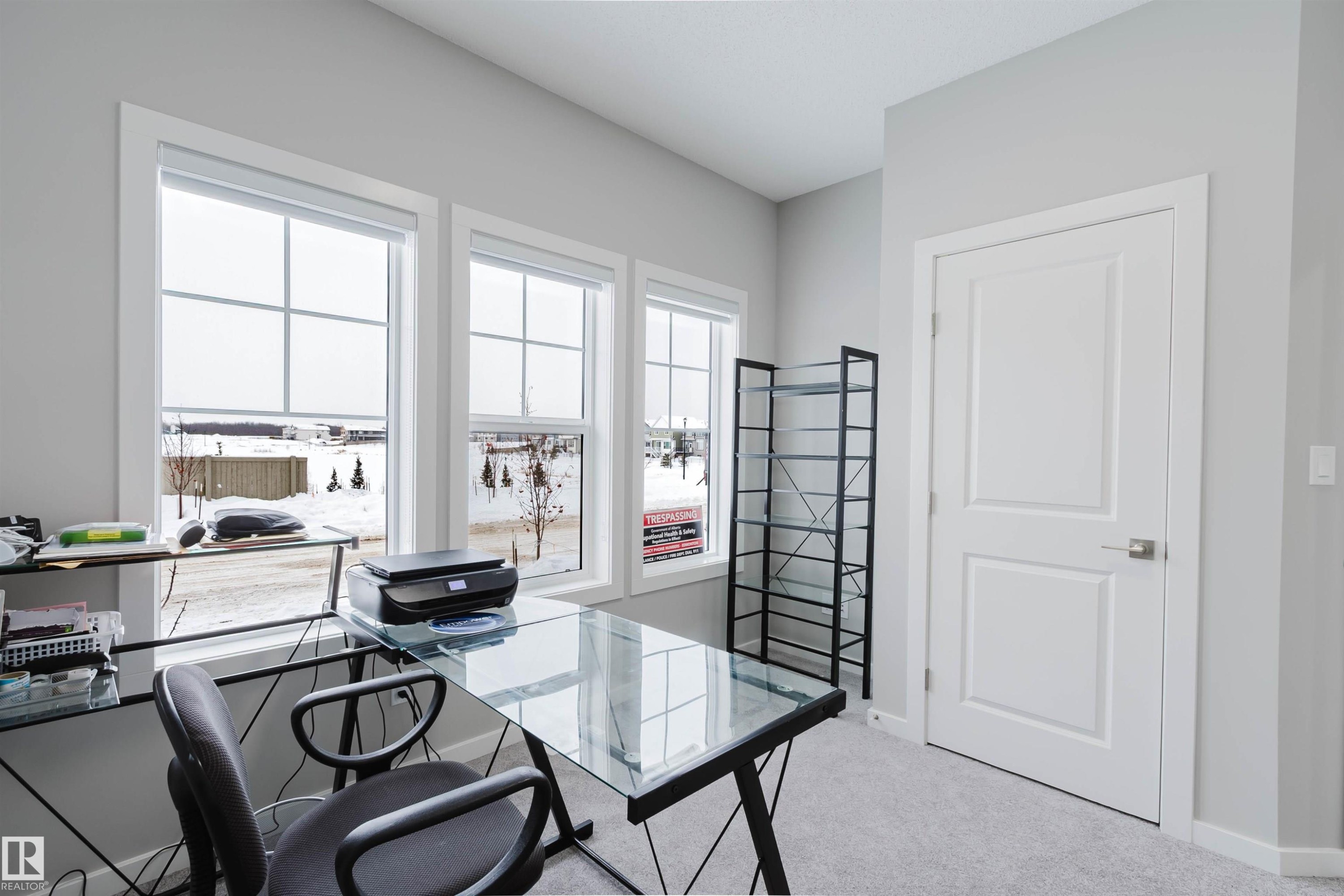 Office space featuring light colored carpet and baseboards View of the lake - 343 Edgemont Drive, Edmonton, AB - Indoor Photo Showing Office