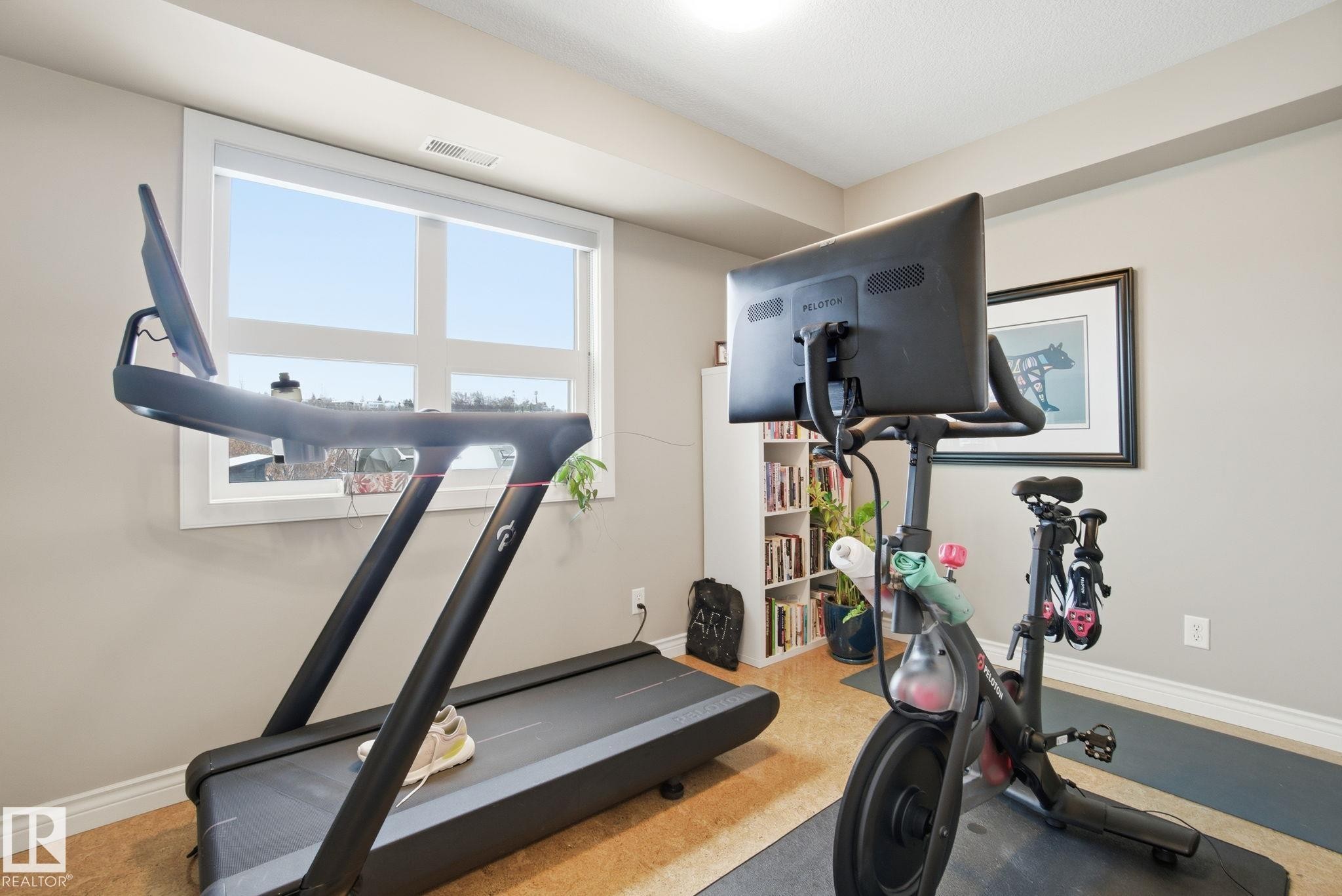 Exercise area featuring baseboards and light carpet - 301 9603 98 Avenue, Edmonton, AB - Indoor Photo Showing Gym Room