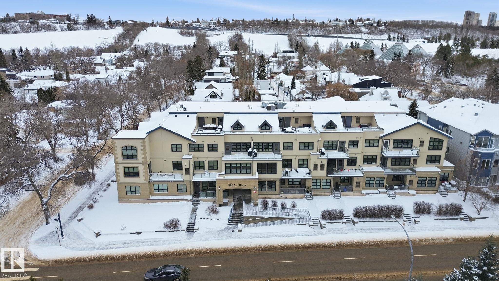 View of snowy aerial view - 301 9603 98 Avenue, Edmonton, AB - Outdoor With Balcony