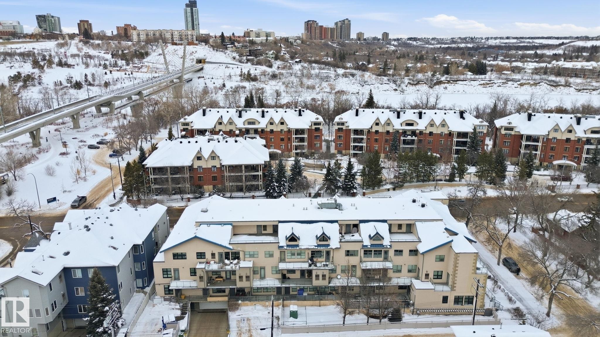 Snowy aerial view featuring a city view - 301 9603 98 Avenue, Edmonton, AB - Outdoor With View