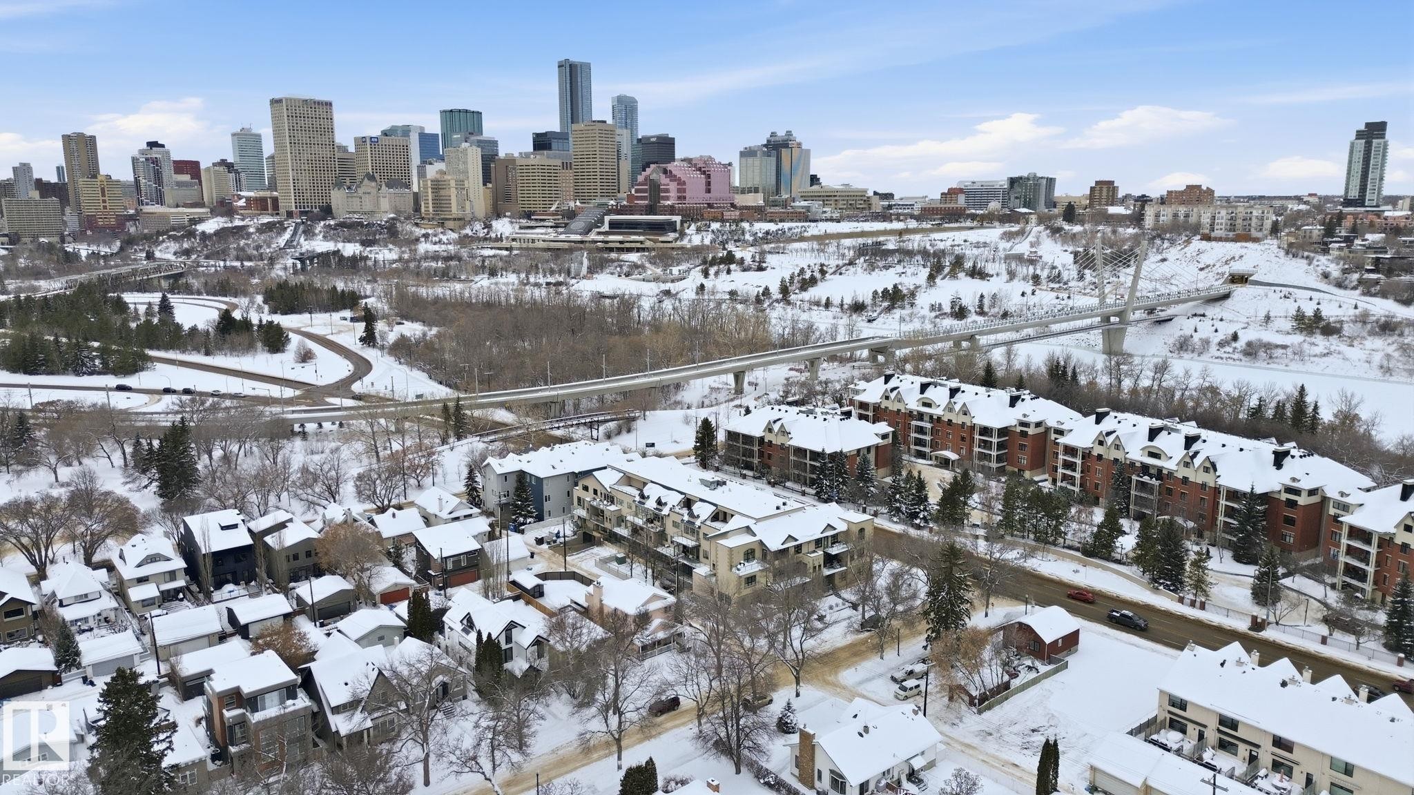 Snowy aerial view with a skyline view - 301 9603 98 Avenue, Edmonton, AB - Outdoor With View