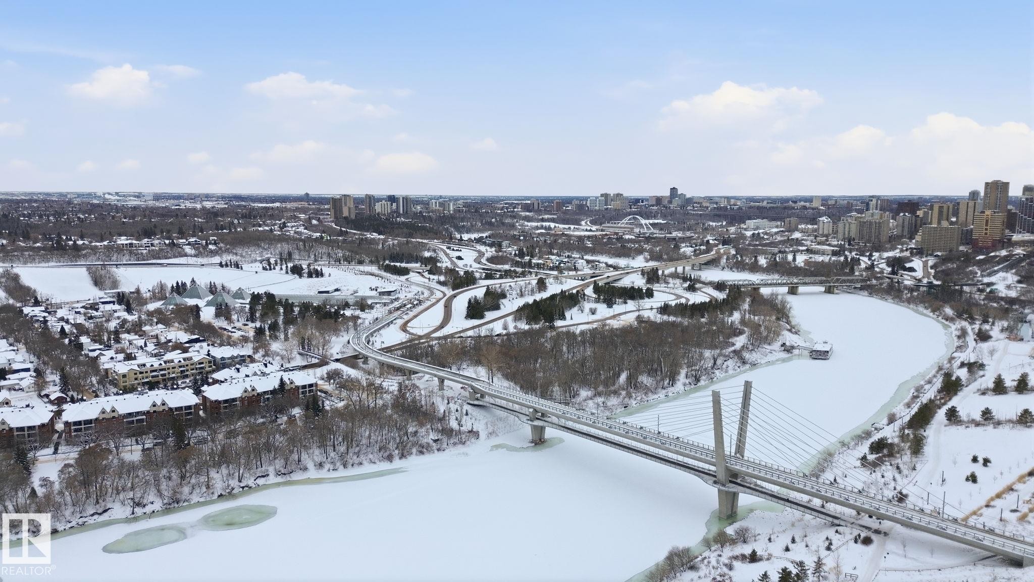 Snowy aerial view with a city view - 301 9603 98 Avenue, Edmonton, AB - Outdoor With View