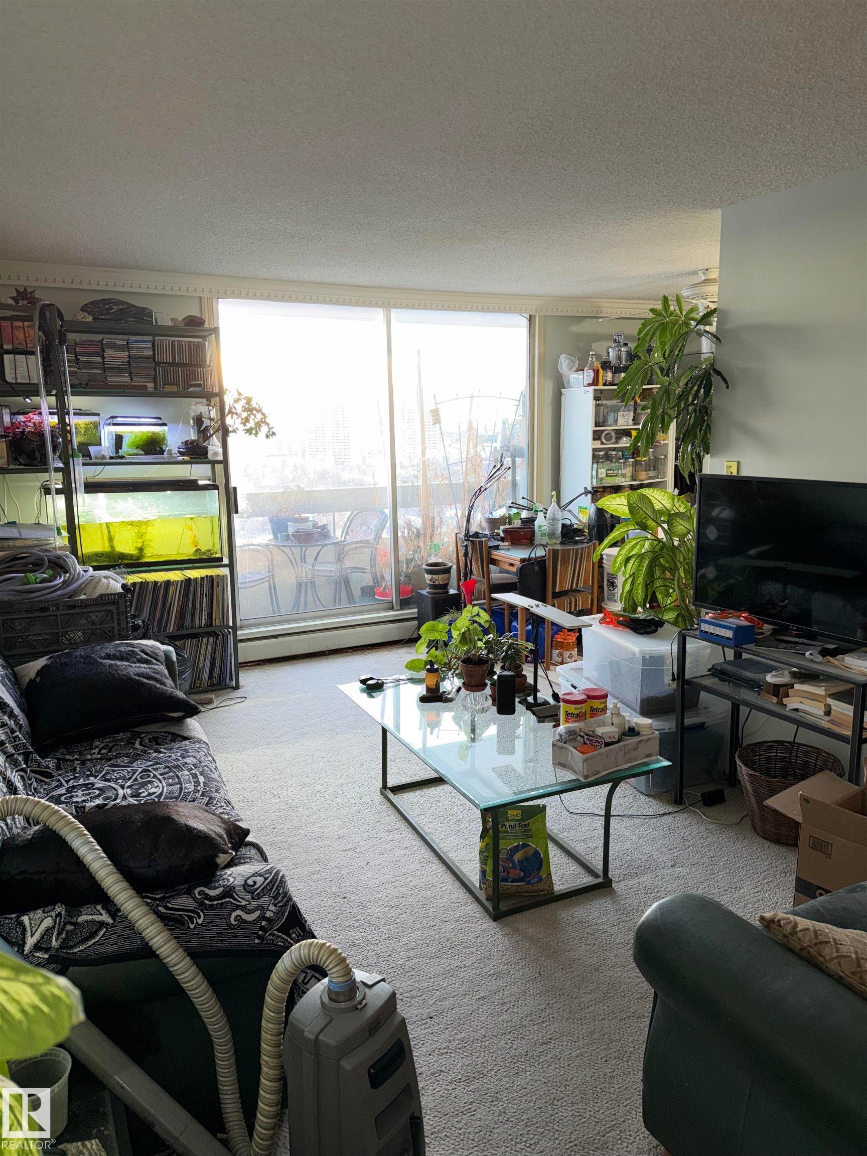 Living area featuring carpet floors, a textured ceiling, and a baseboard heating unit - 1506 10883 Saskatchewan Dr, Edmonton, AB - Indoor Photo Showing Living Room