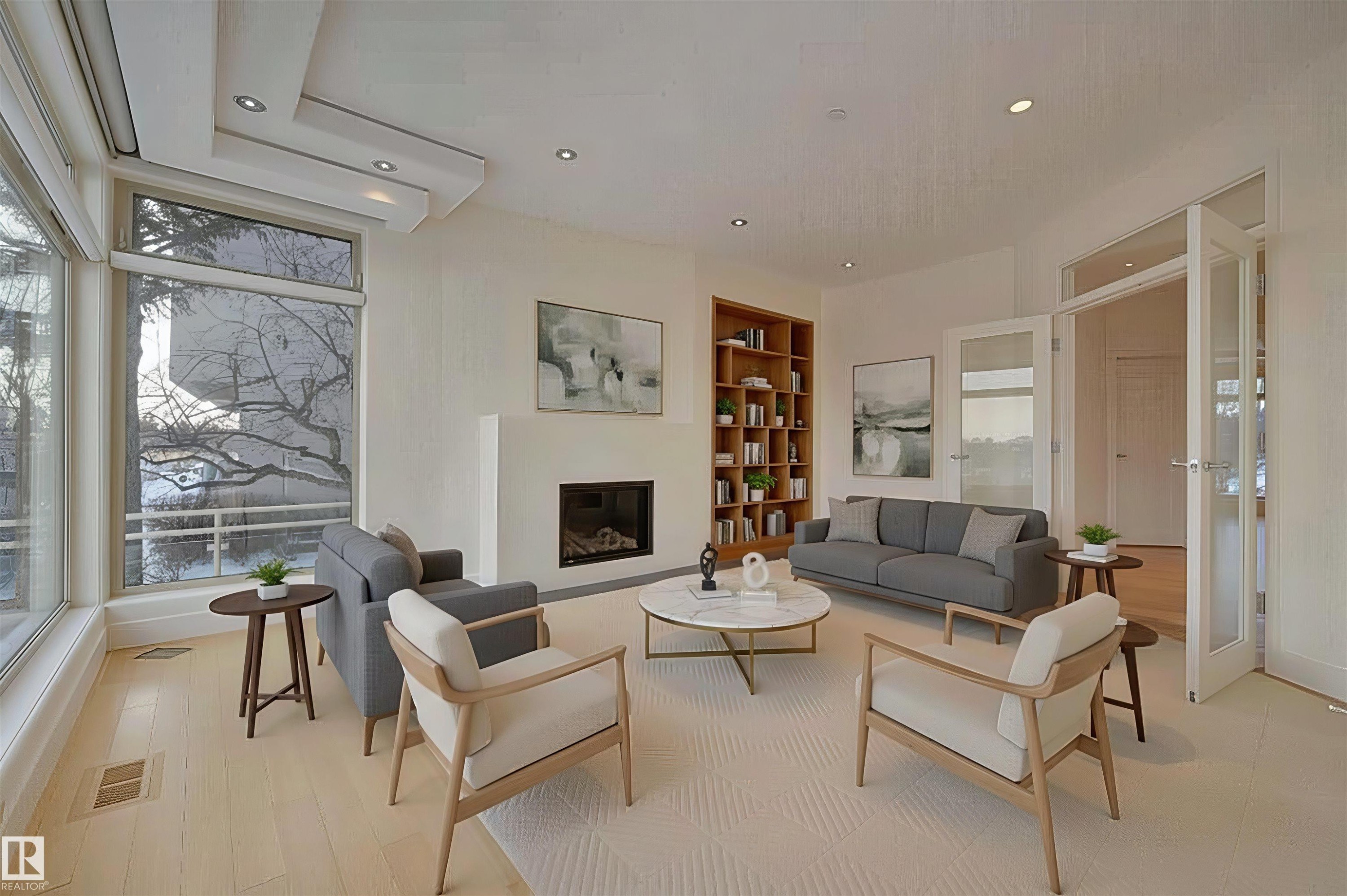 28 Riverside Crescent, Edmonton, AB - Indoor Photo Showing Living Room With Fireplace