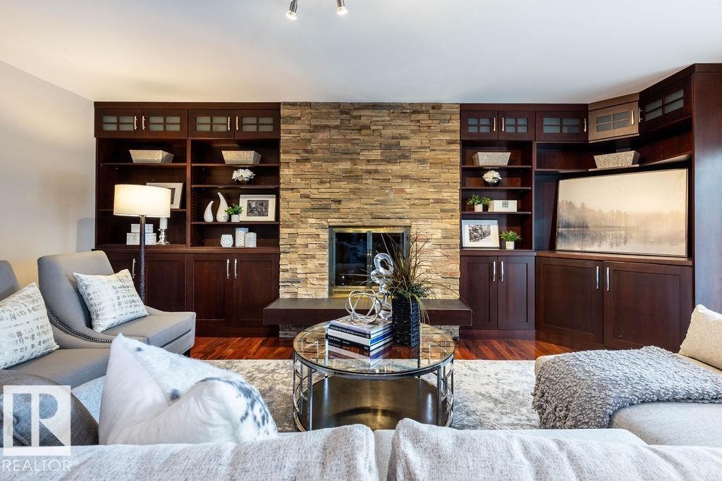 104 Quesnell Crescent, Edmonton, AB - Indoor Photo Showing Living Room With Fireplace