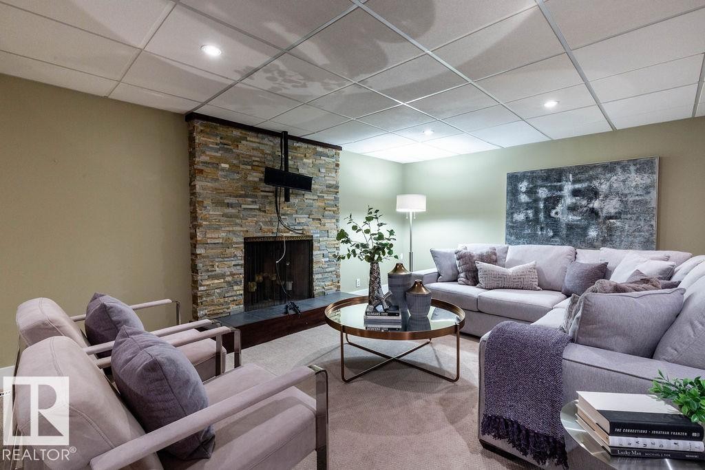 104 Quesnell Crescent, Edmonton, AB - Indoor Photo Showing Living Room With Fireplace