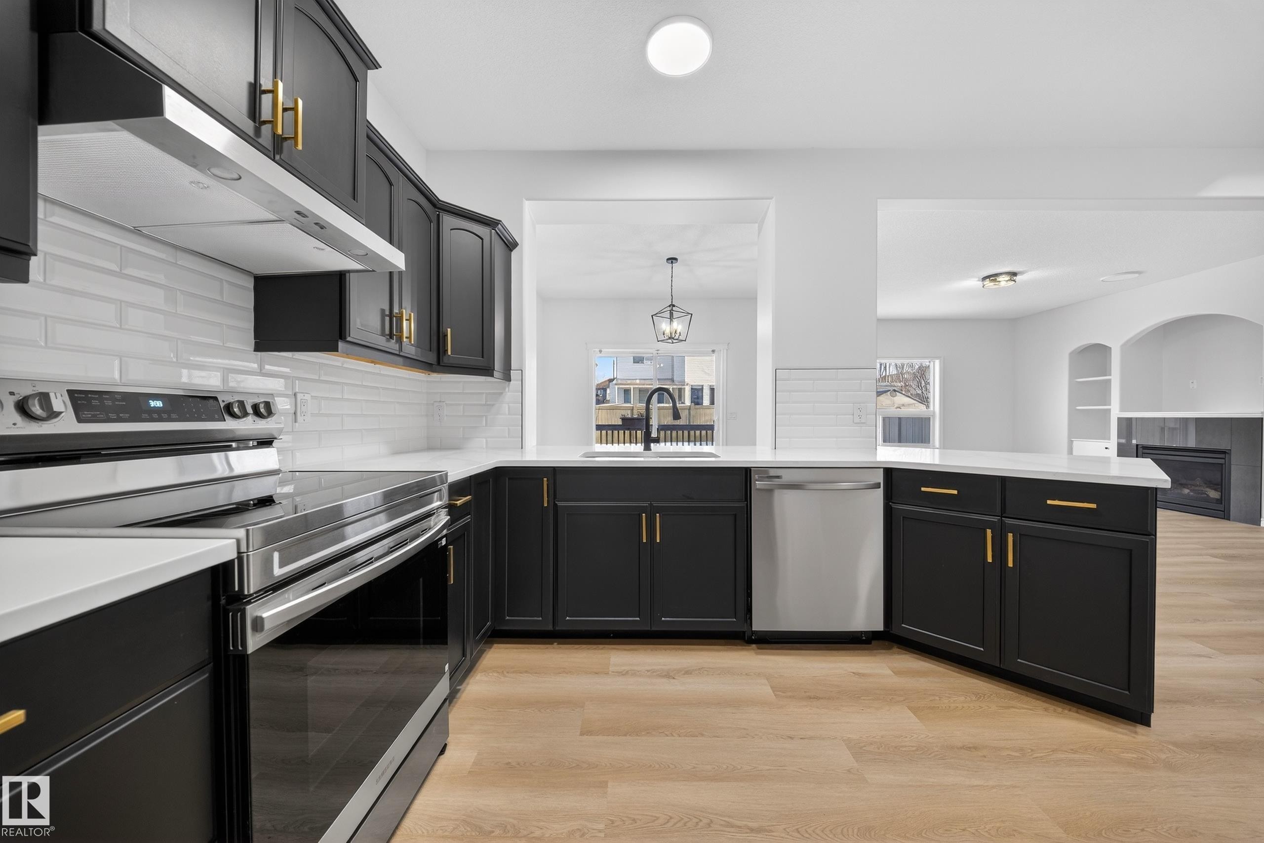Kitchen featuring stainless steel appliances, under cabinet range hood, light wood finished floors, decorative backsplash, and dark cabinets - 1741 63A Street, Edmonton, AB - Indoor Photo Showing Kitchen With Upgraded Kitchen