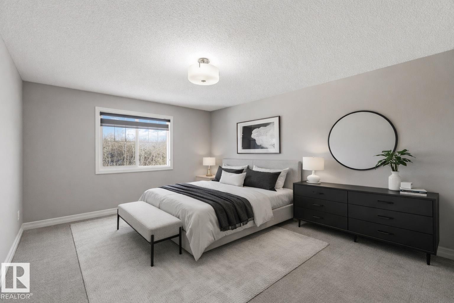 Bedroom with carpet and a textured ceiling - 3683 8 Street, Edmonton, AB - Indoor Photo Showing Bedroom