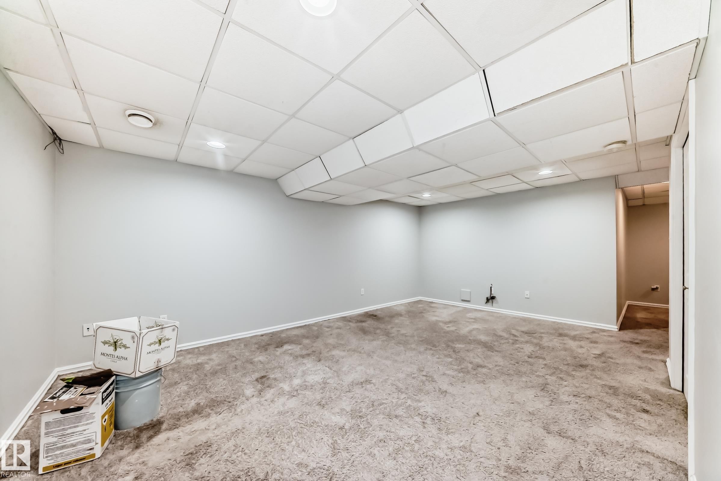 Finished basement featuring a drop ceiling and carpet floors - 7731 8 Avenue, Edmonton, AB - Indoor
