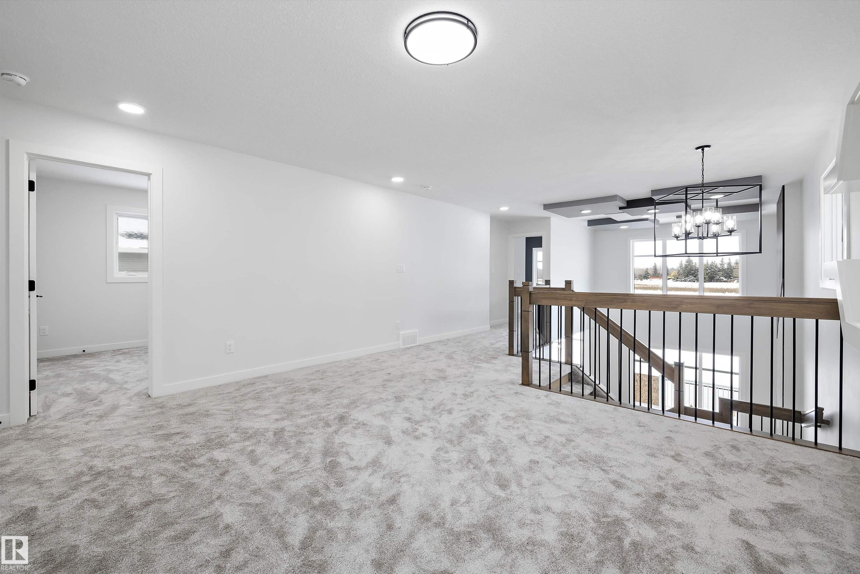 Unfurnished room with light carpet, plenty of natural light, and hanging lights - 230 Edgemont Green Green Nw, Edmonton, AB - Indoor Photo Showing Other Room