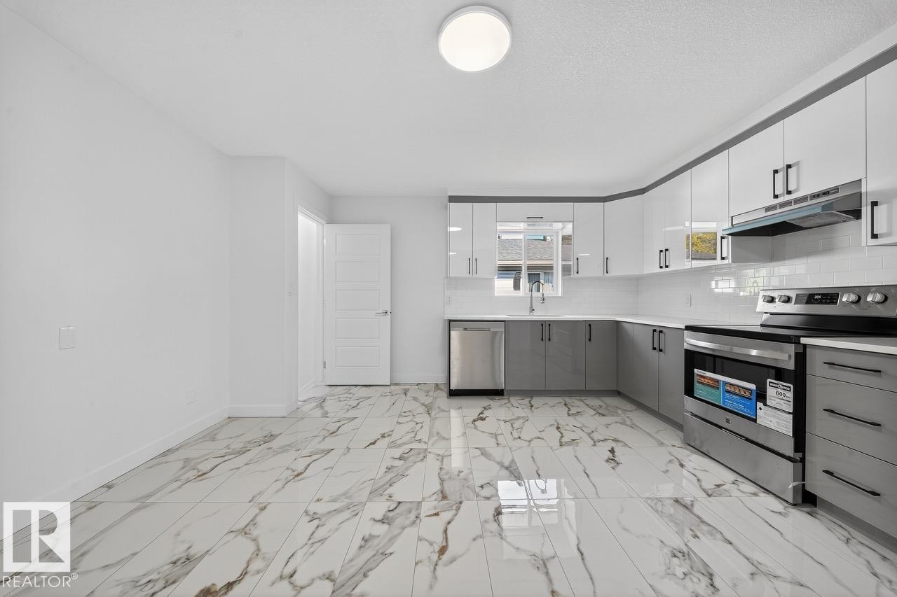 Kitchen featuring gray cabinets, stainless steel appliances, decorative backsplash, under cabinet range hood, and modern cabinets - 12919 113A Street, Edmonton, AB - Indoor Photo Showing Kitchen With Stainless Steel Kitchen