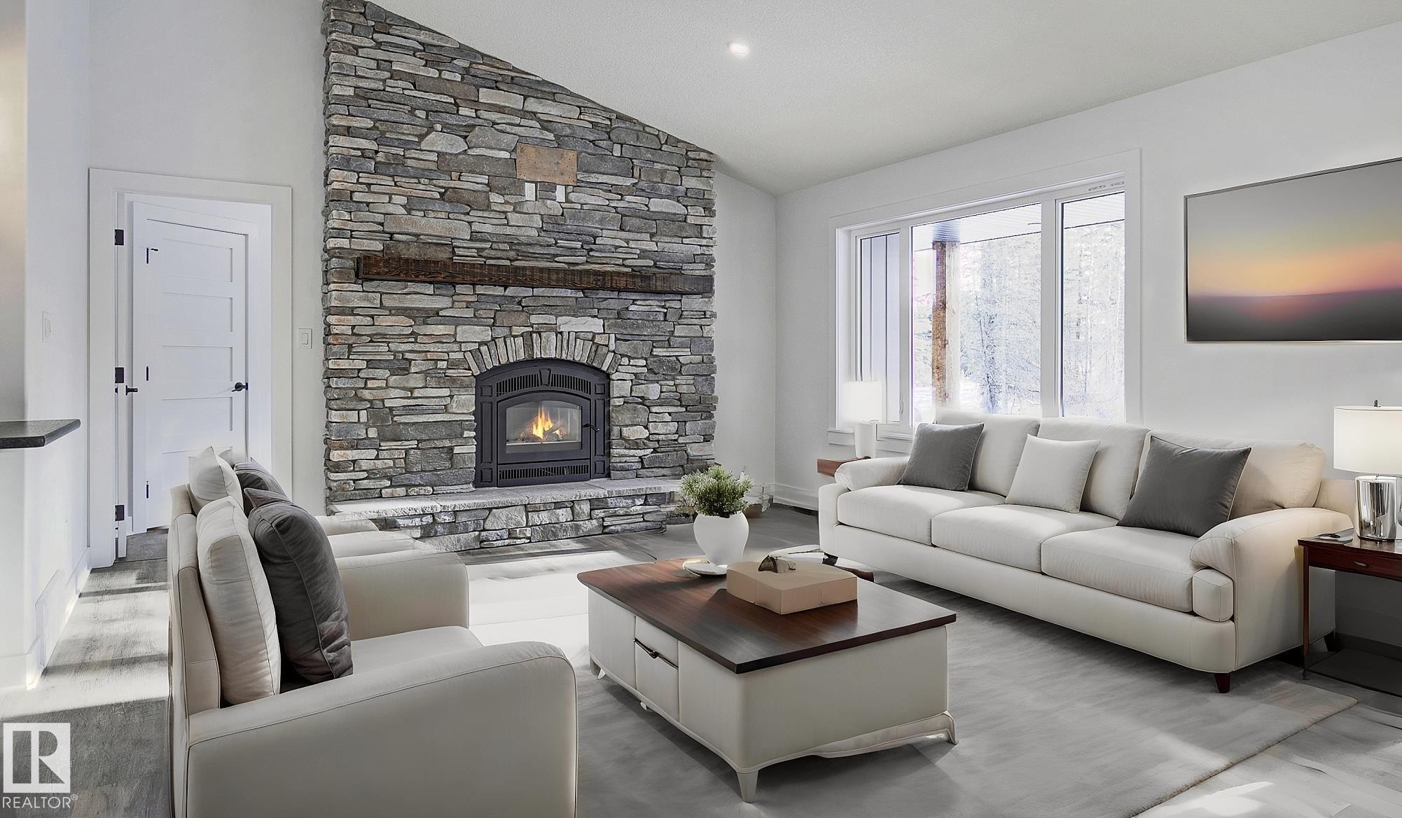 311 55504 Rr 13, Rural Lac Ste. Anne County, AB - Indoor Photo Showing Living Room With Fireplace