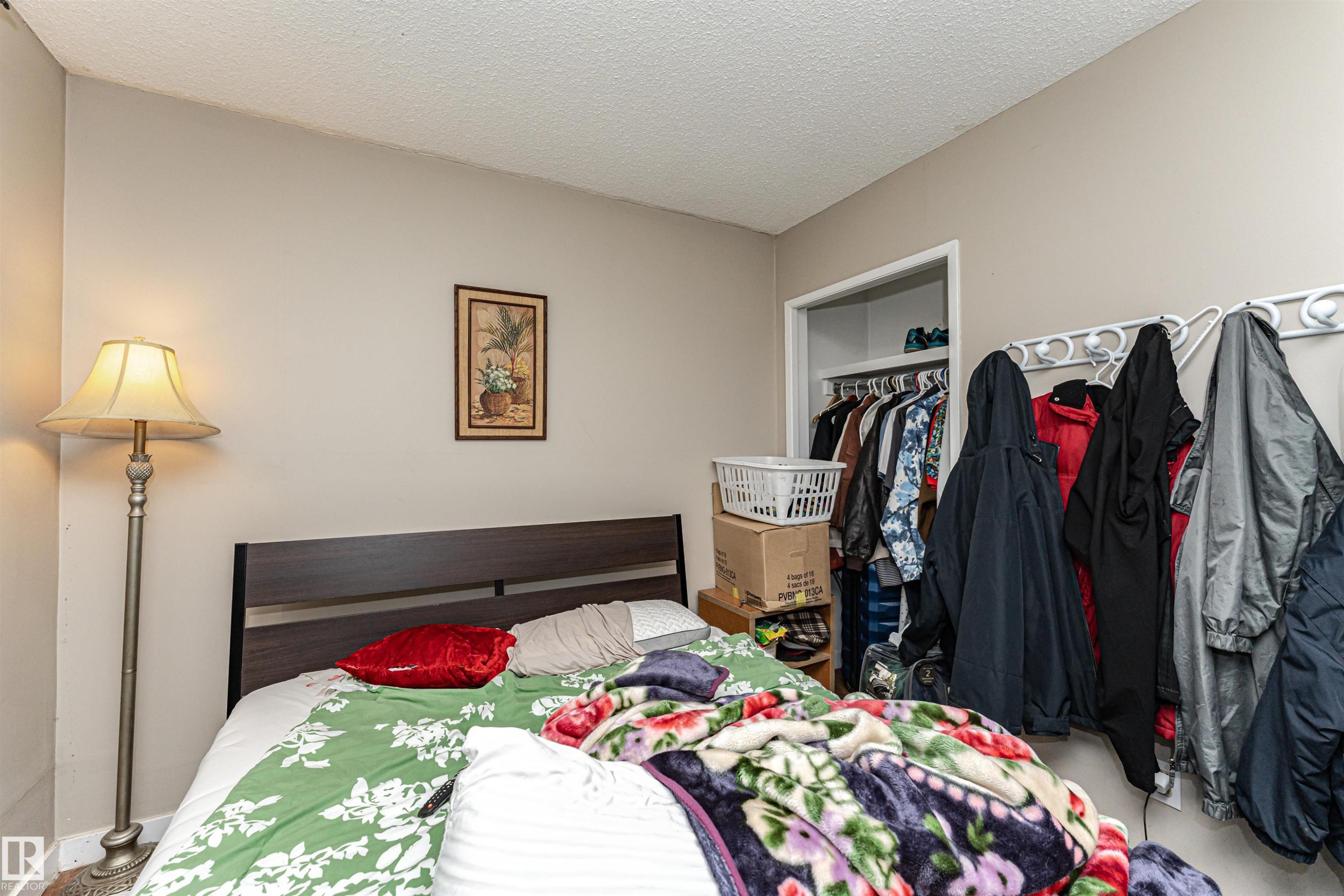 Bedroom with a textured ceiling and a closet - 2349 Millbourne Road W, Edmonton, AB - Indoor Photo Showing Bedroom
