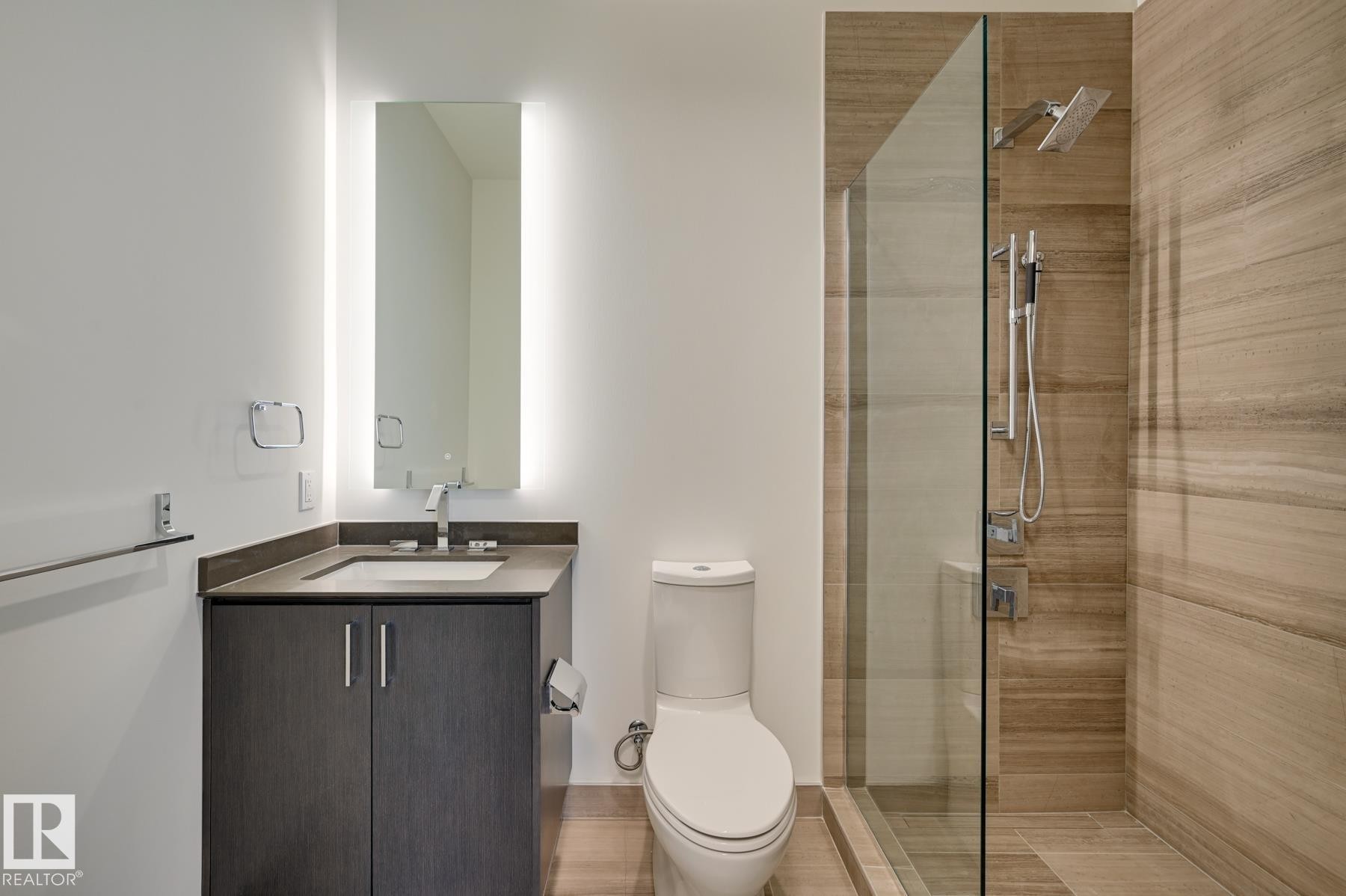 Bathroom featuring vanity and a tile shower - 2303 10360 102 Street, Edmonton, AB - Indoor Photo Showing Bathroom