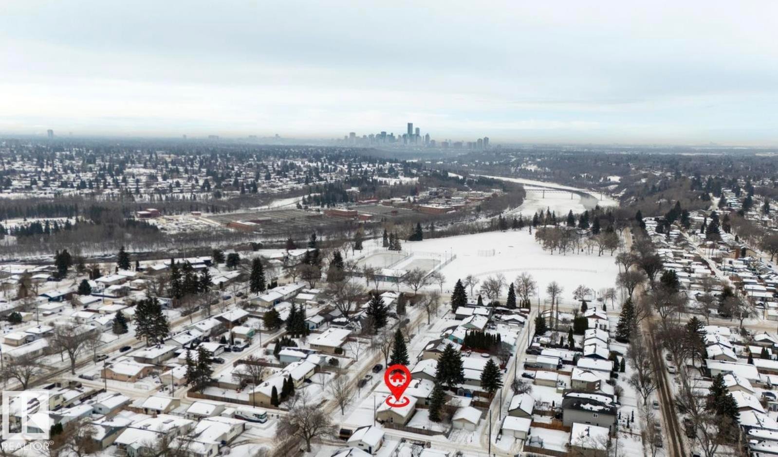 Snowy aerial view with a view of city - 3810 110 Avenue, Edmonton, AB - Outdoor With View