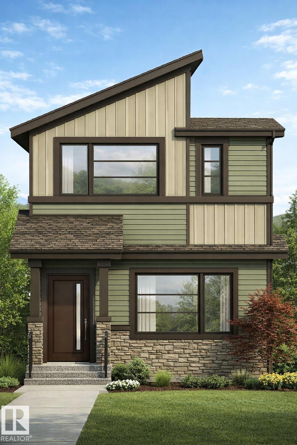 Contemporary house with stone siding and a front lawn - 3617 Triomphe Boulevard, Beaumont, AB - Outdoor