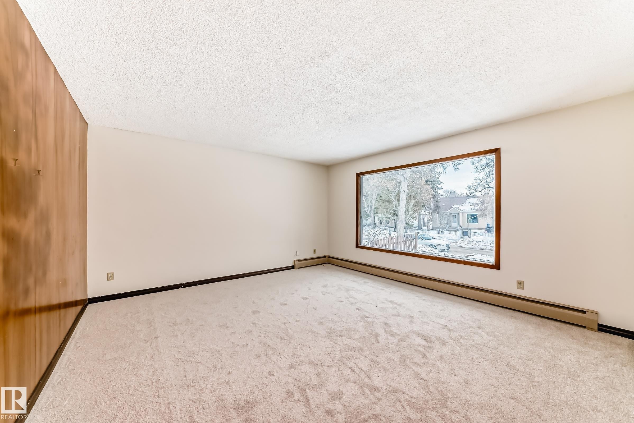 Spare room with light colored carpet, baseboard heating, and a textured ceiling - 12028 87 Street, Edmonton, AB - Indoor Photo Showing Other Room
