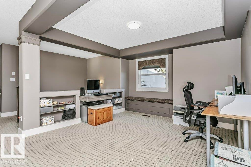 Office space featuring a textured ceiling, light carpet, and ornate columns - 1579 Hector Road, Edmonton, AB - Indoor Photo Showing Office