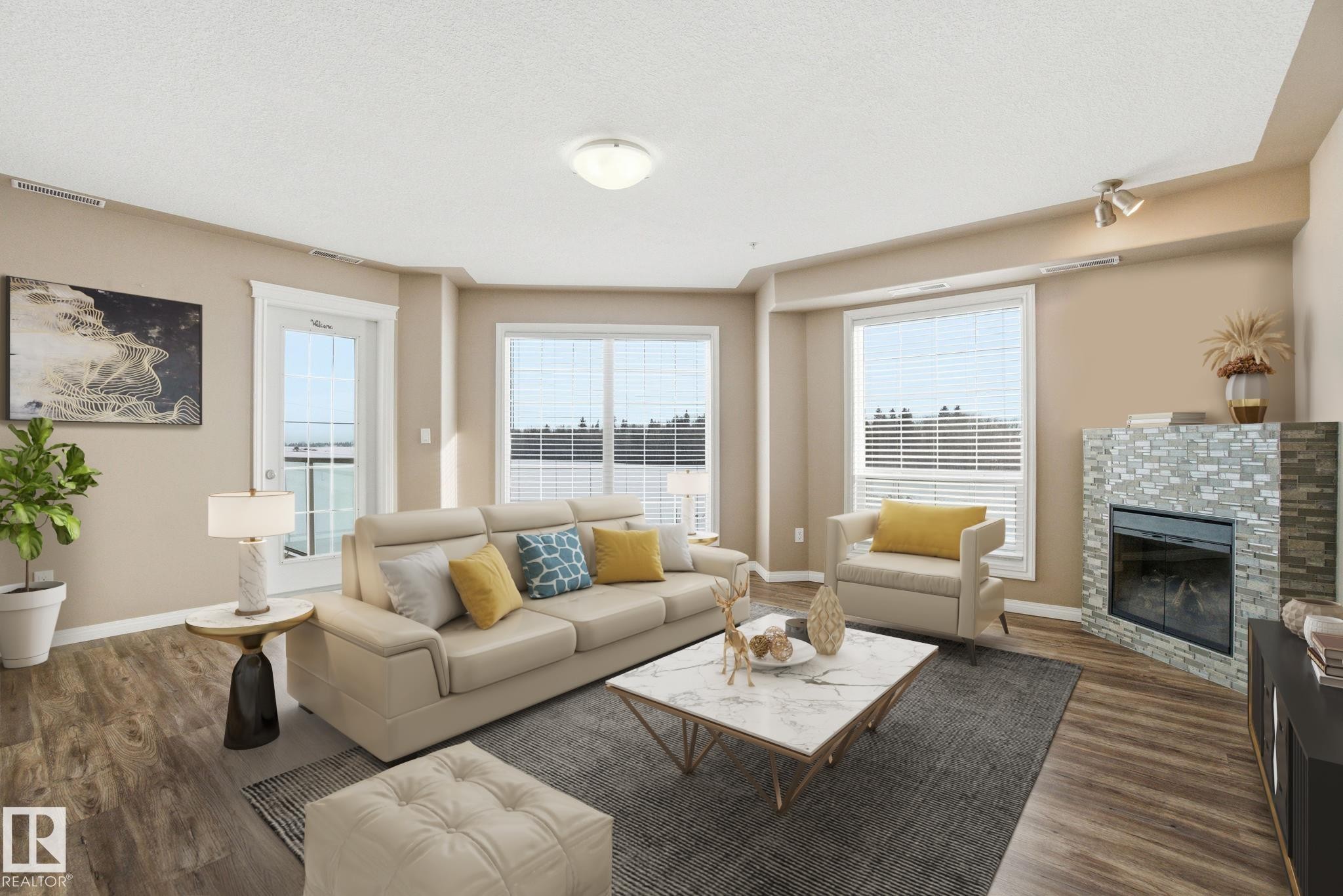 320 7801 Golf Course Road, Stony Plain, AB - Indoor Photo Showing Living Room With Fireplace