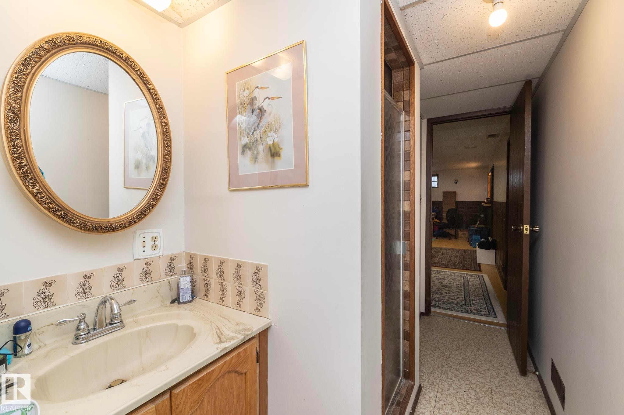 Full bathroom with vanity, a drop ceiling, and a shower - 9020 152 Avenue, Edmonton, AB - Indoor Photo Showing Bathroom