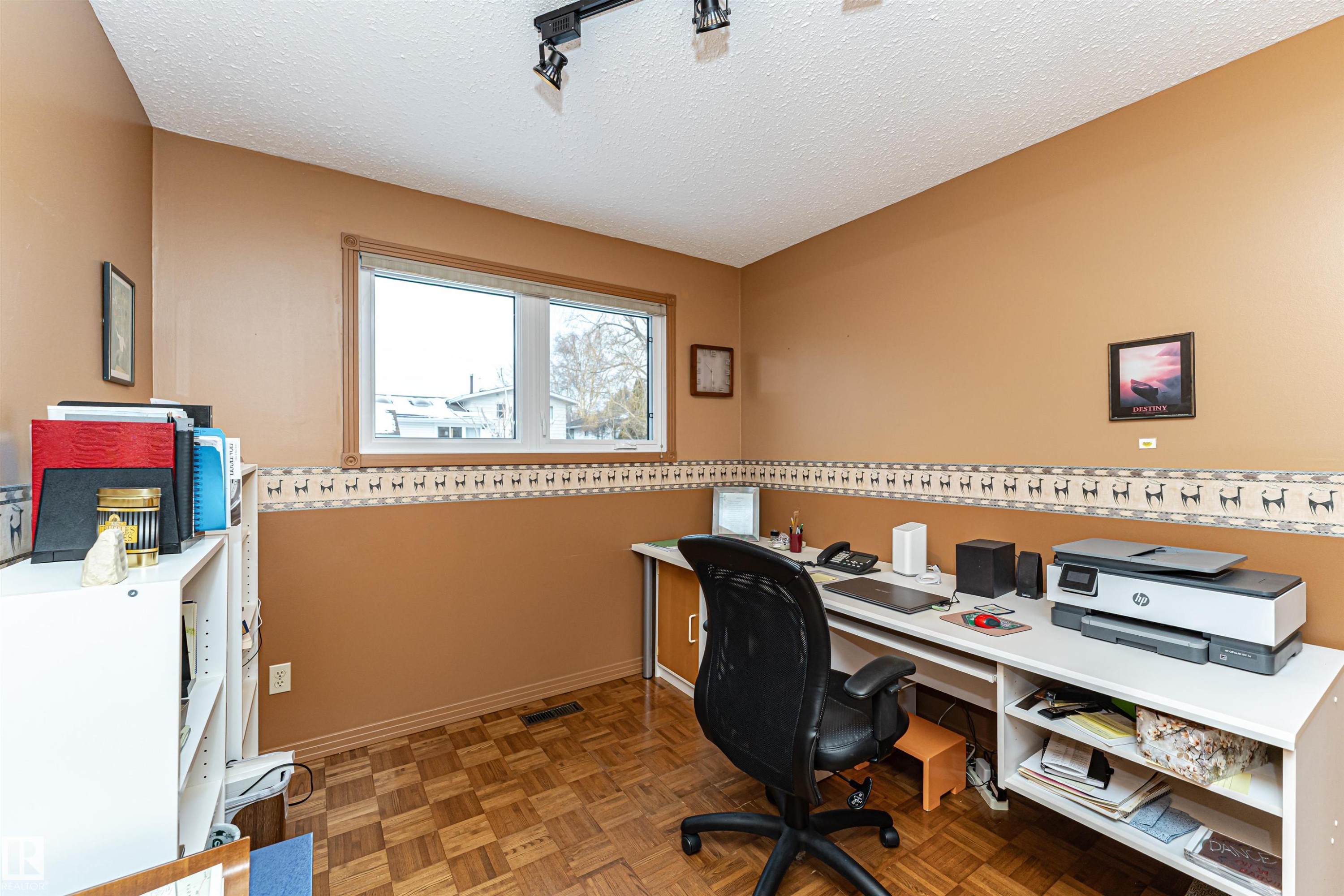 Home office featuring a textured ceiling and parquet floors - 2112 67 Street Nw, Edmonton, AB - Indoor Photo Showing Office