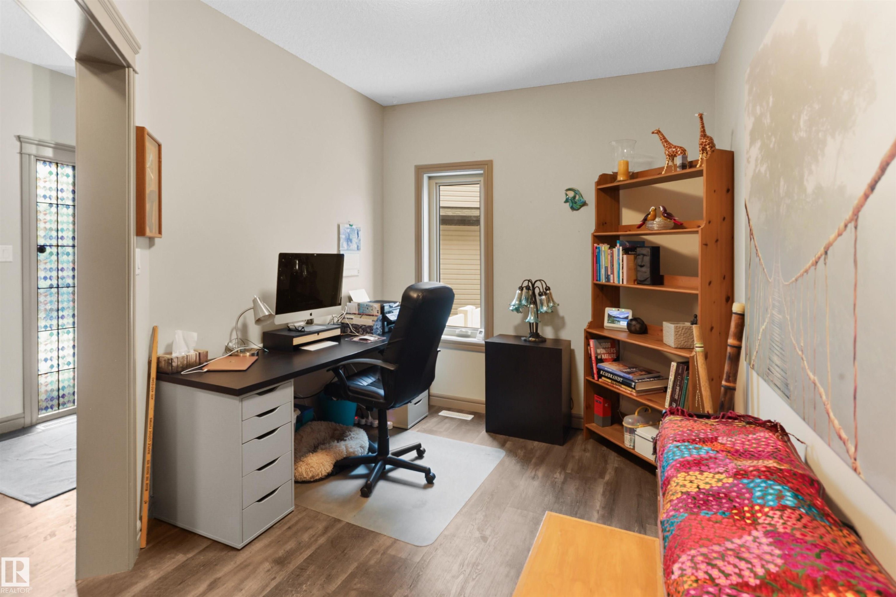 Home office featuring dark wood-style floors - 97 Astoria Point(E), Devon, AB - Indoor Photo Showing Office