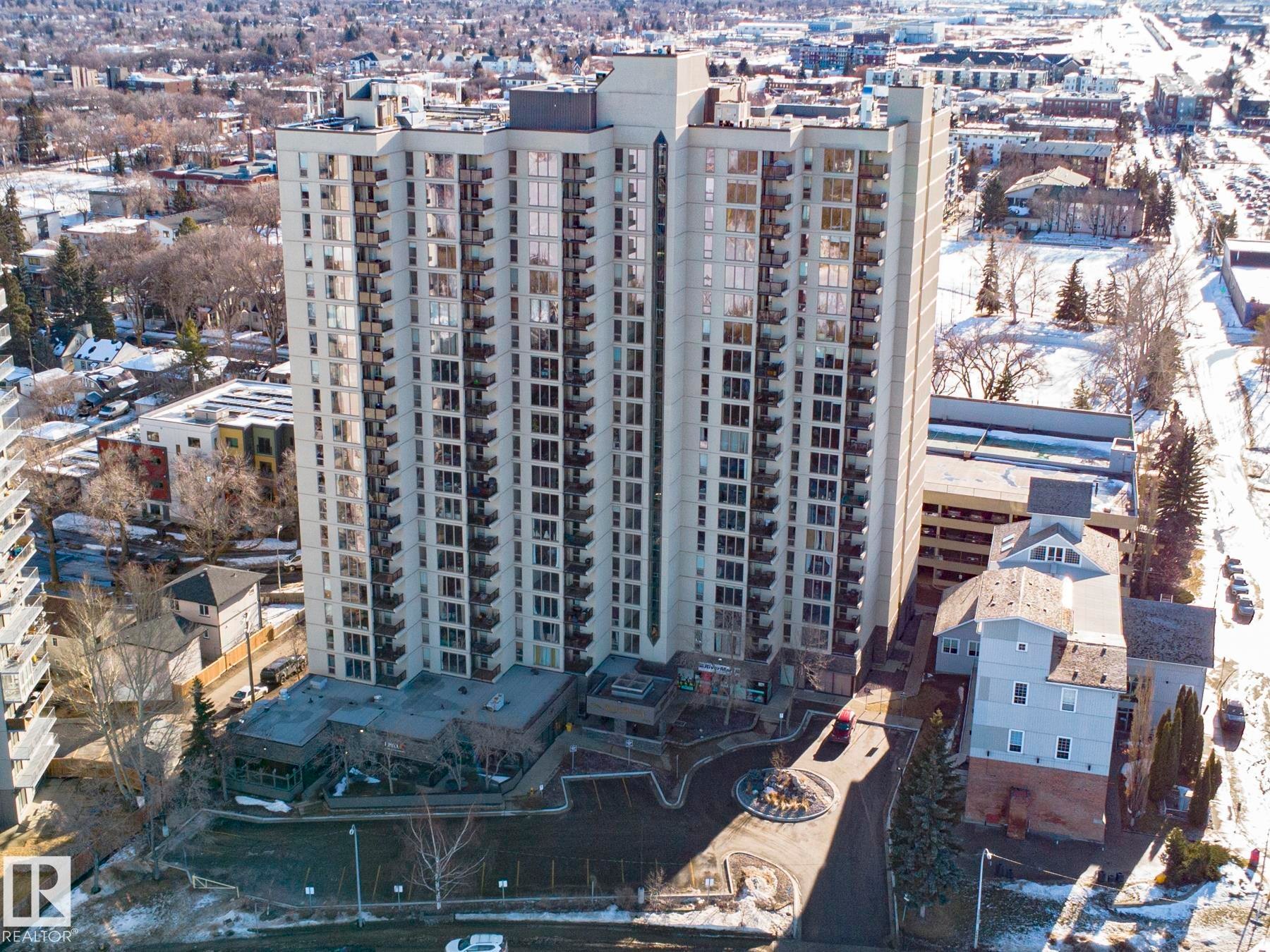Snowy aerial view with a view of city - 505 10149 Saskatchewan Drive, Edmonton, AB - Outdoor