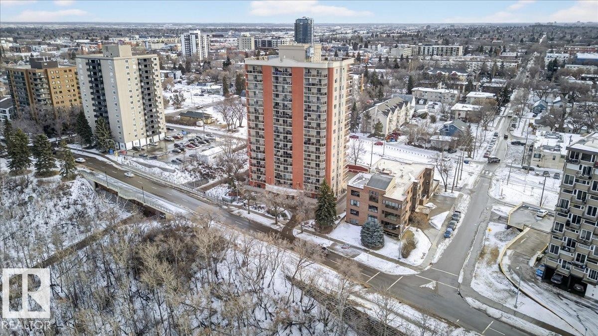 Snowy aerial view featuring a city view - 402 10649 Saskatchewan Drive, Edmonton, AB - Outdoor With View