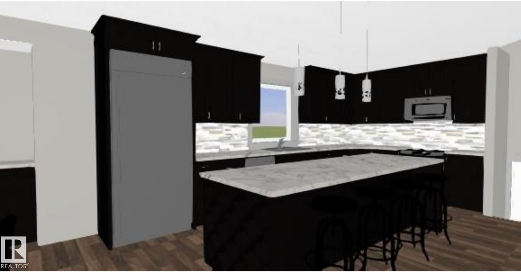 Kitchen featuring dark cabinets, a kitchen bar, stainless steel microwave, and a center island - 1440 Wildrye Crescent, Cold Lake, AB - Indoor