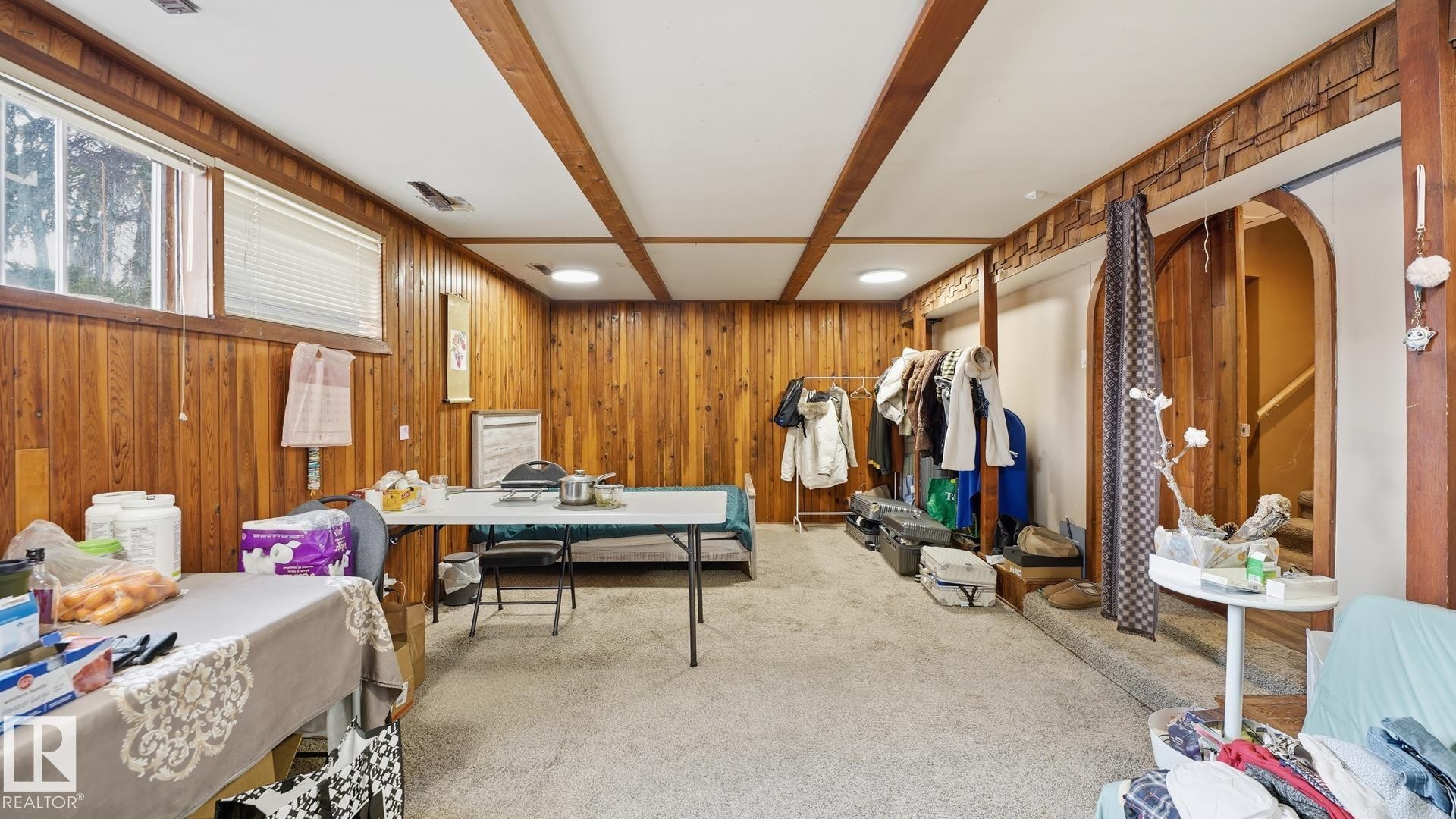 Office with wood walls, carpet floors, recessed lighting, and beam ceiling - 11520 78 Avenue Nw, Edmonton, AB - Indoor Photo Showing Other Room