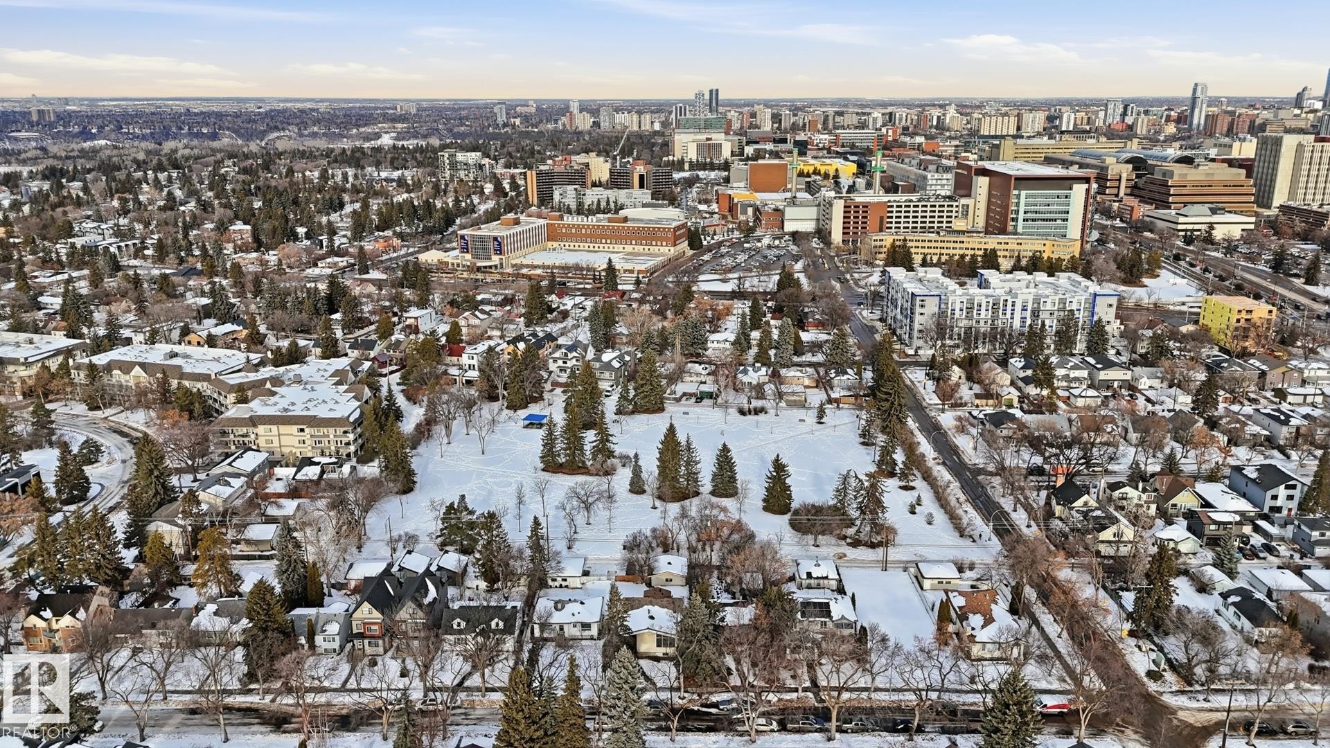Aerial view of property's location with nearby urban area - 11520 78 Avenue Nw, Edmonton, AB - Outdoor With View