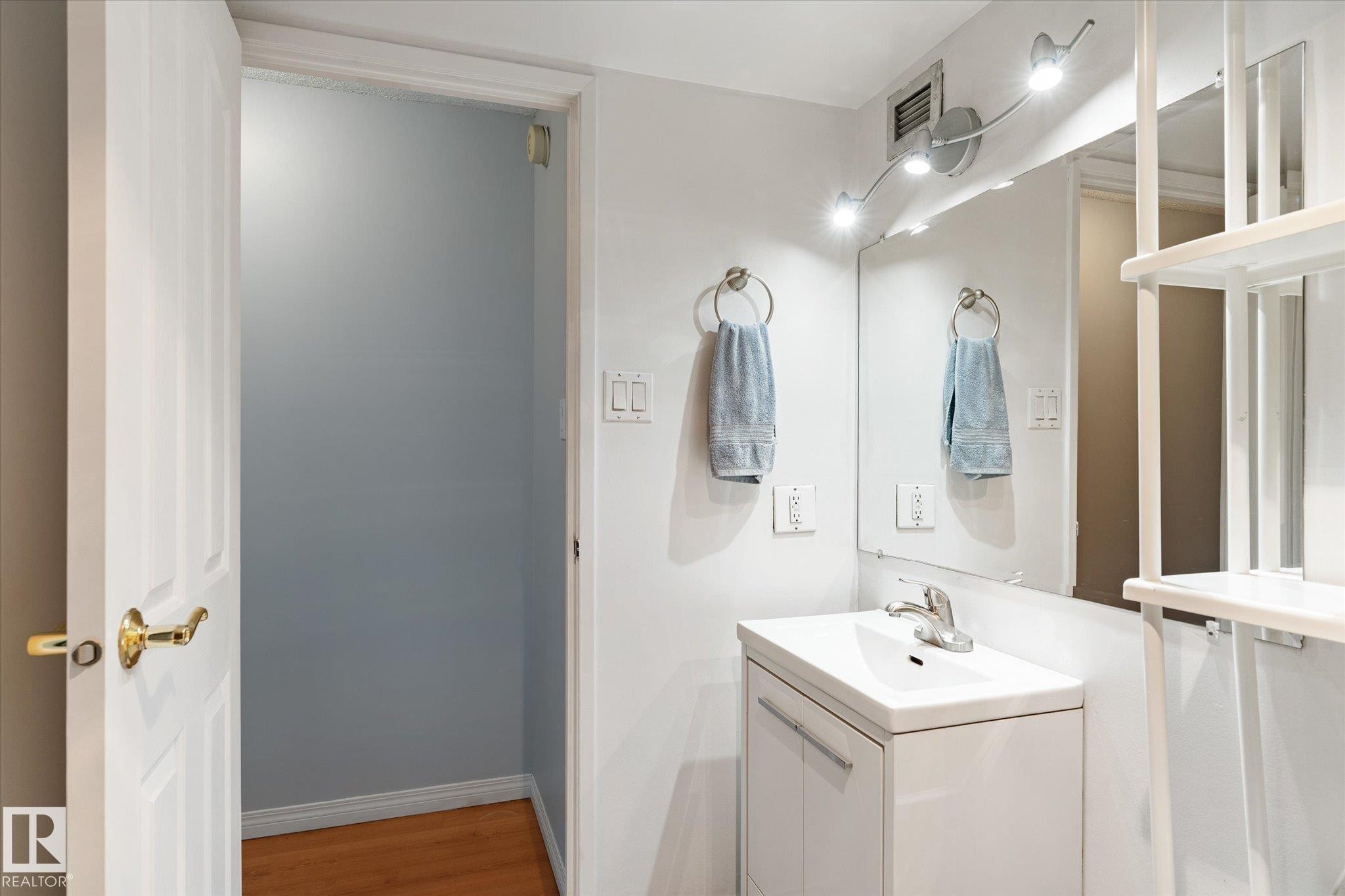 Bathroom featuring vanity and light wood finished floors - 304 9725 106 Street, Edmonton, AB - Indoor Photo Showing Bathroom