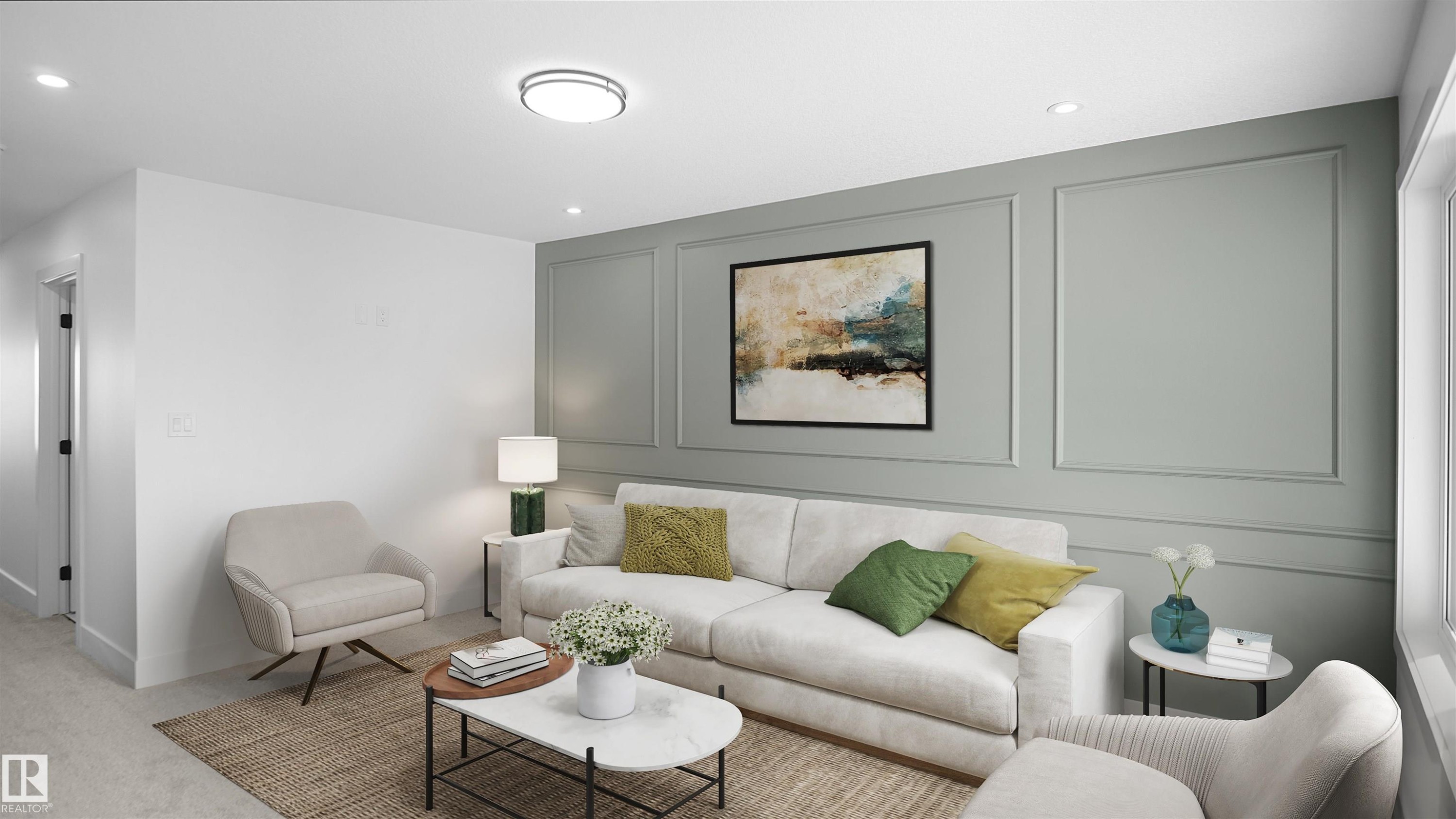 Carpeted living room featuring a decorative wall and recessed lighting - 711 31 Avenue, Edmonton, AB - Indoor Photo Showing Living Room