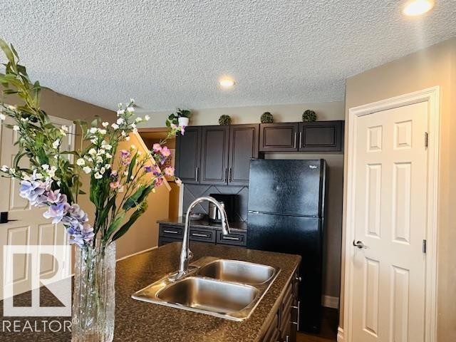 Kitchen with freestanding refrigerator, dark countertops, a textured ceiling, and dark wood finish cabinets - 12219 167A Avenue, Edmonton, AB - Indoor Photo Showing Kitchen With Double Sink