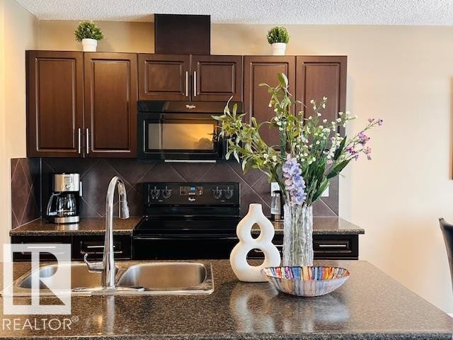 Kitchen featuring black appliances, a textured ceiling, dark wood finish cabinets, backsplash, and dark stone countertops - 12219 167A Avenue, Edmonton, AB - Indoor Photo Showing Kitchen With Double Sink