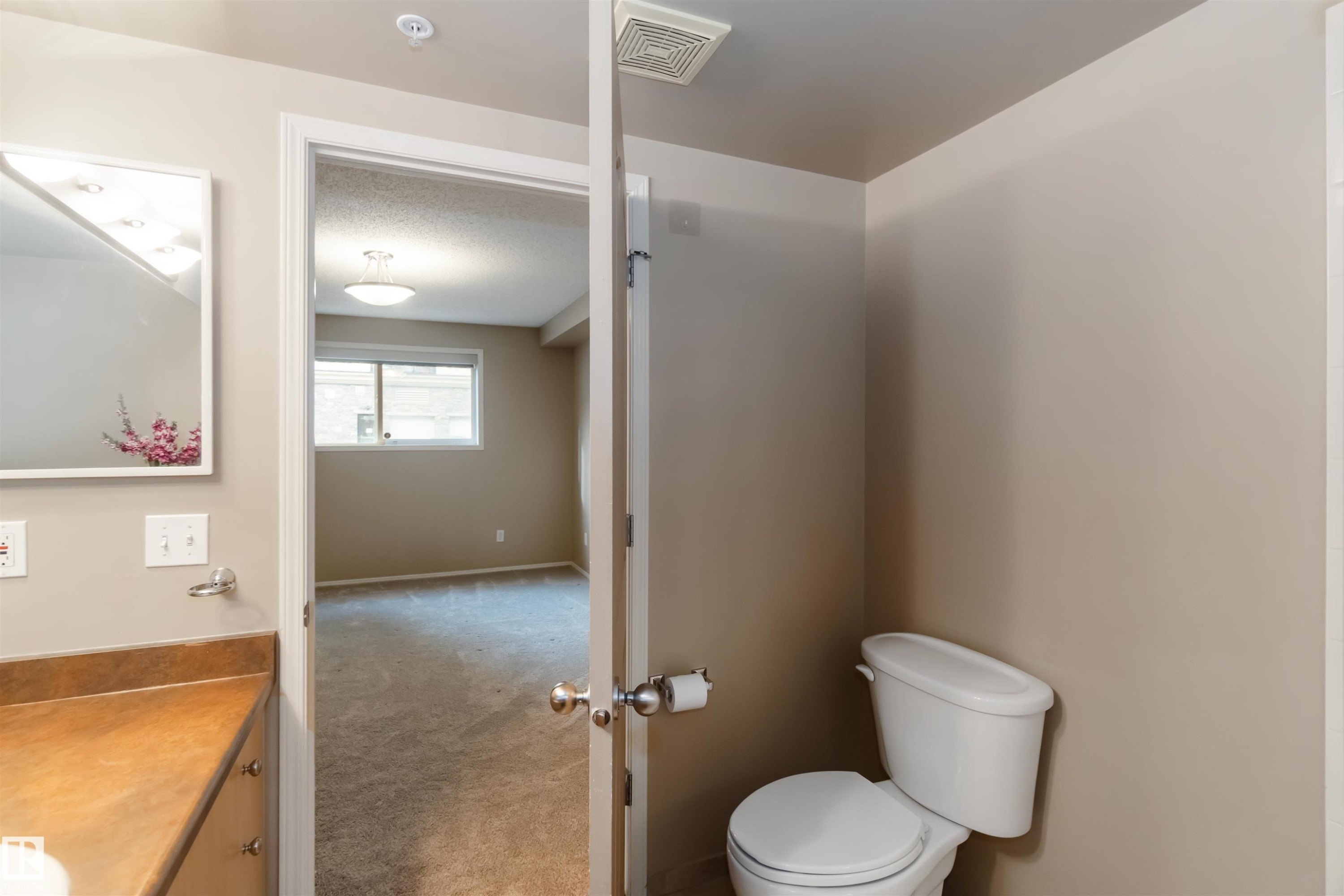 Half bath featuring carpet floors and vanity - 113 10311 111 Street, Edmonton, AB - Indoor Photo Showing Bathroom