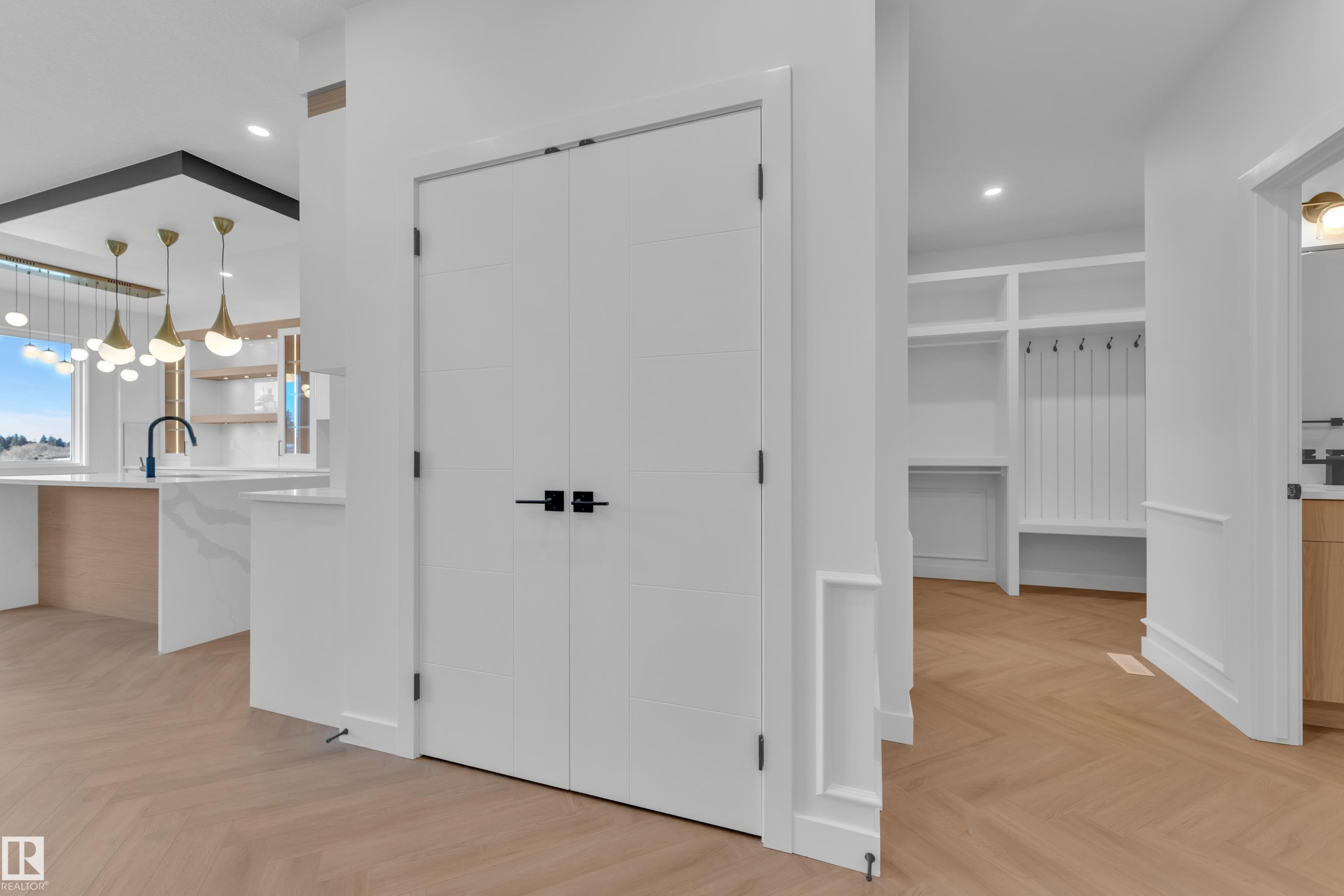 Hallway with parquet flooring and recessed lighting - 38 Grayson Green, Stony Plain, AB - Indoor