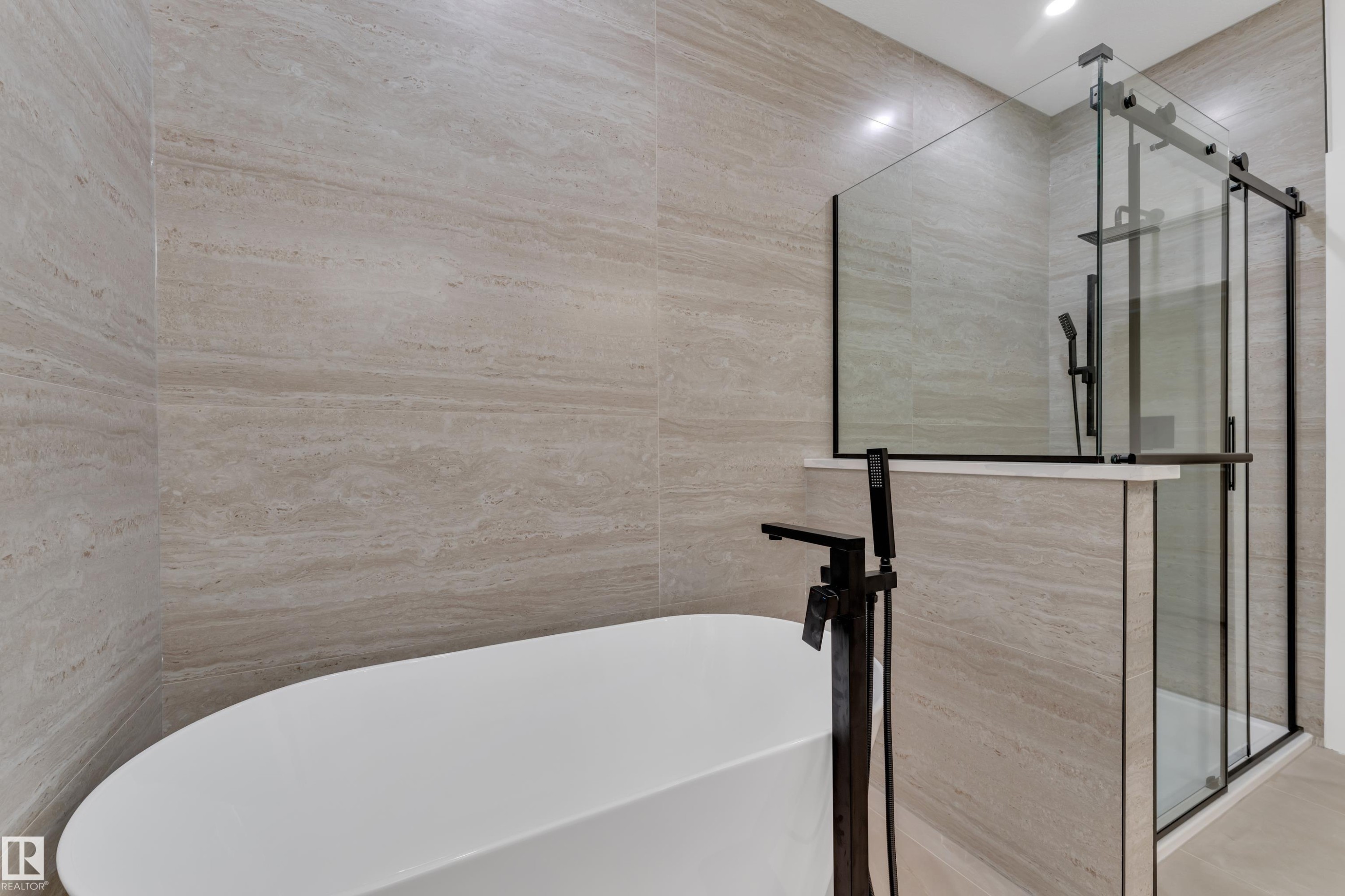 Full bathroom with a freestanding bath, a stall shower, and tile walls - 38 Grayson Green, Stony Plain, AB - Indoor Photo Showing Bathroom