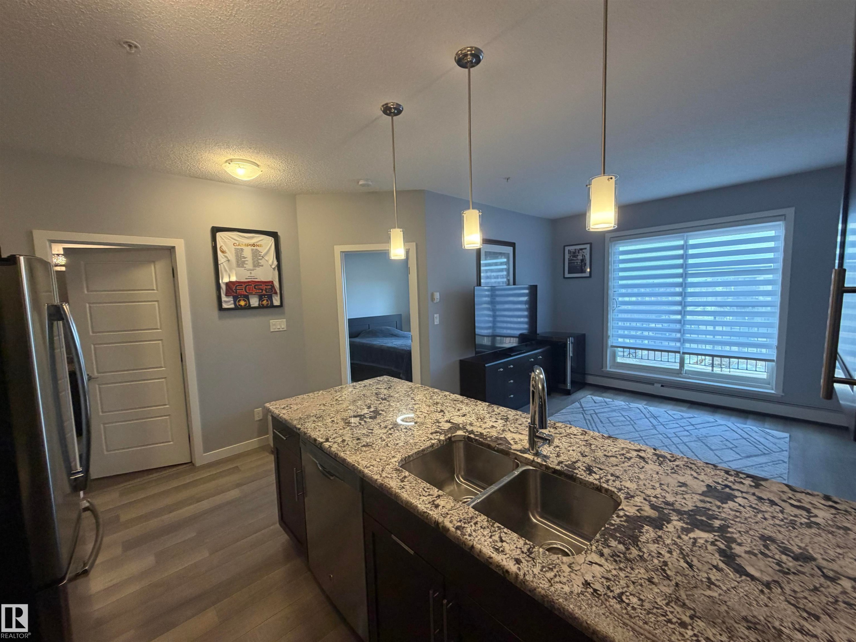Kitchen with stainless steel appliances, dark wood-type flooring, decorative light fixtures, light stone counters, and a textured ceiling - 417 1004 Rosenthal Boulevard, Edmonton, AB - Indoor Photo Showing Kitchen With Double Sink