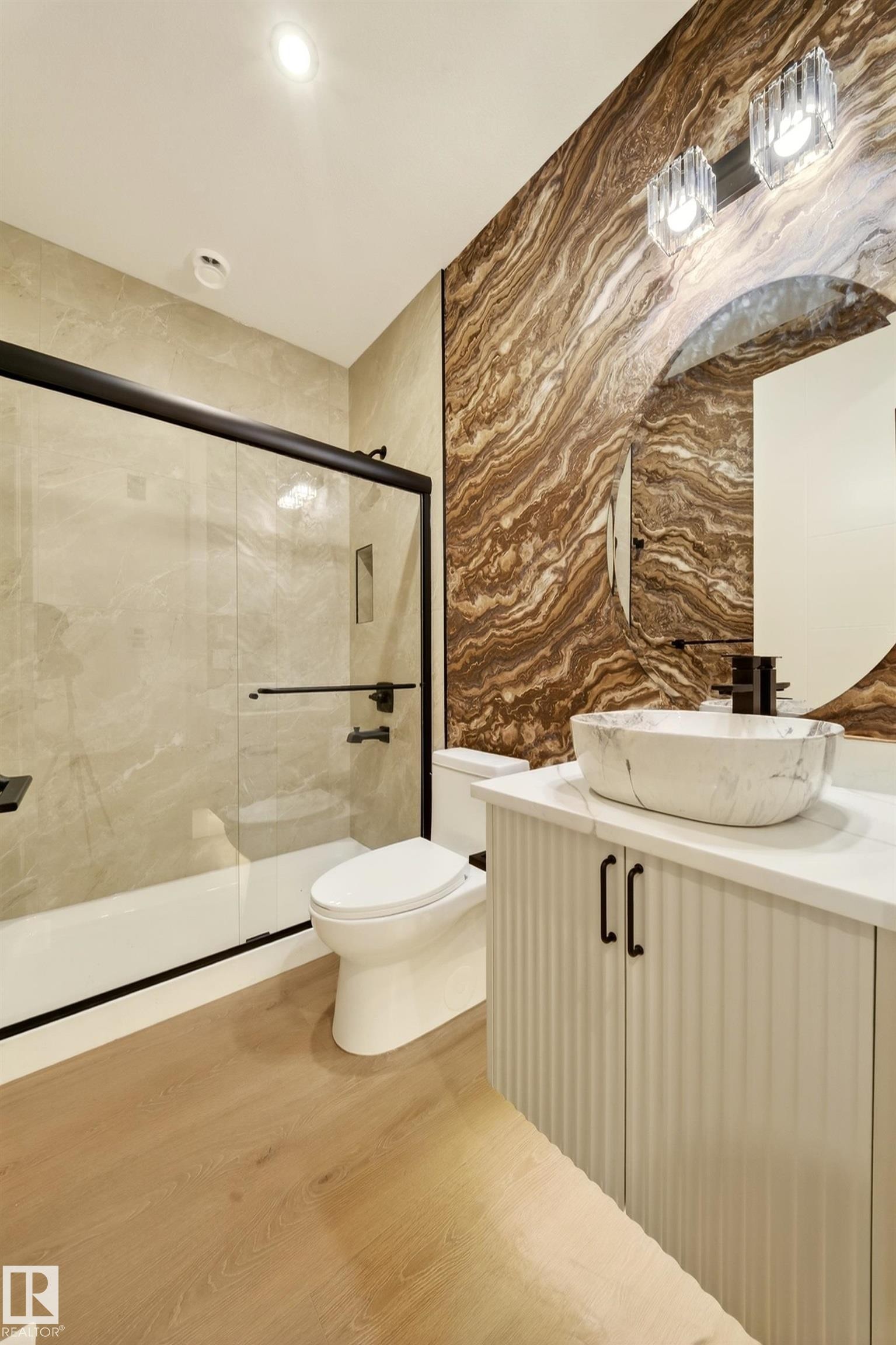 Full bathroom featuring vanity, a stall shower, light wood-style floors, and recessed lighting - 8924 Mayday Way, Edmonton, AB