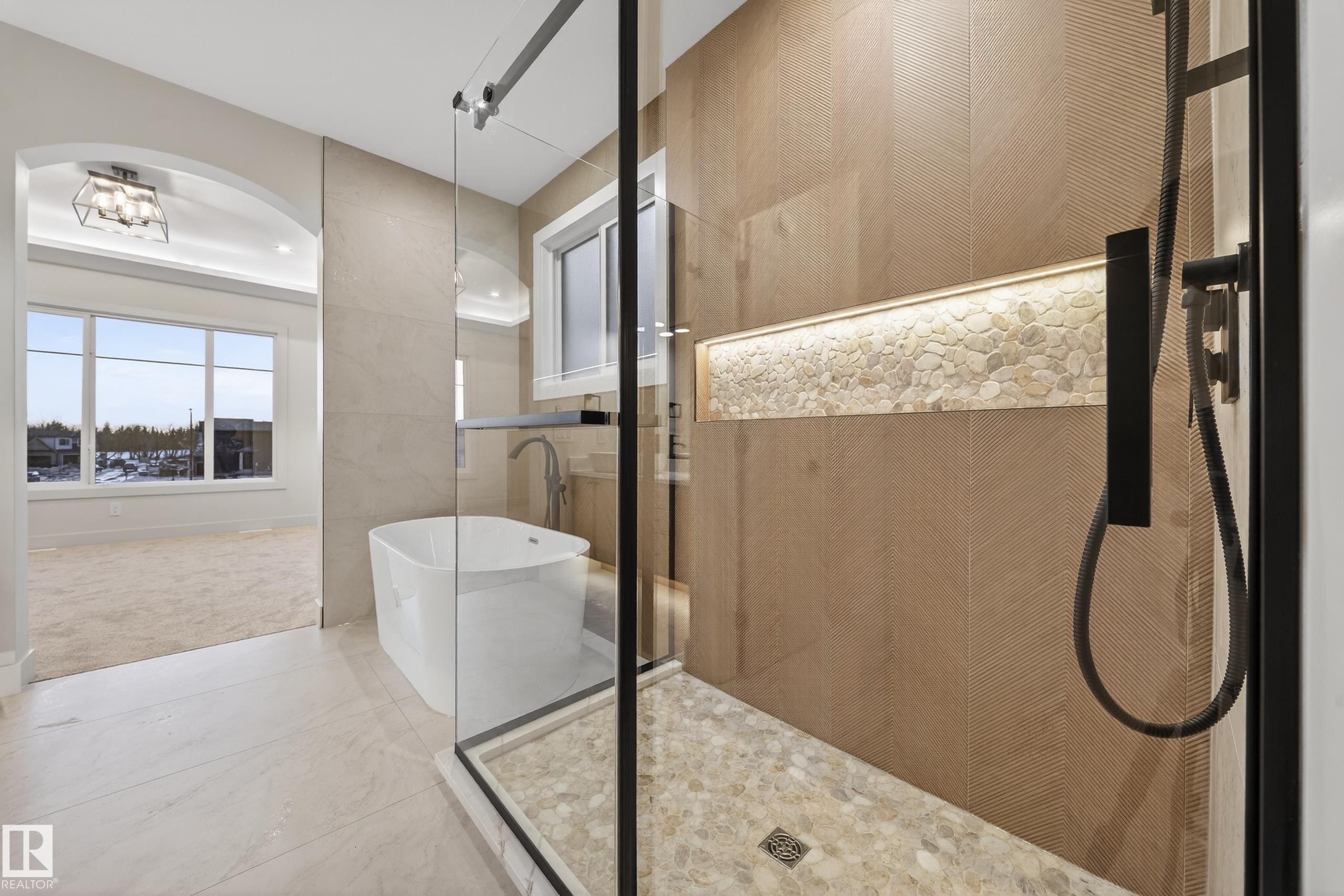 Full bathroom with a freestanding tub and an enclosed shower - 8924 Mayday Way, Edmonton, AB - Indoor