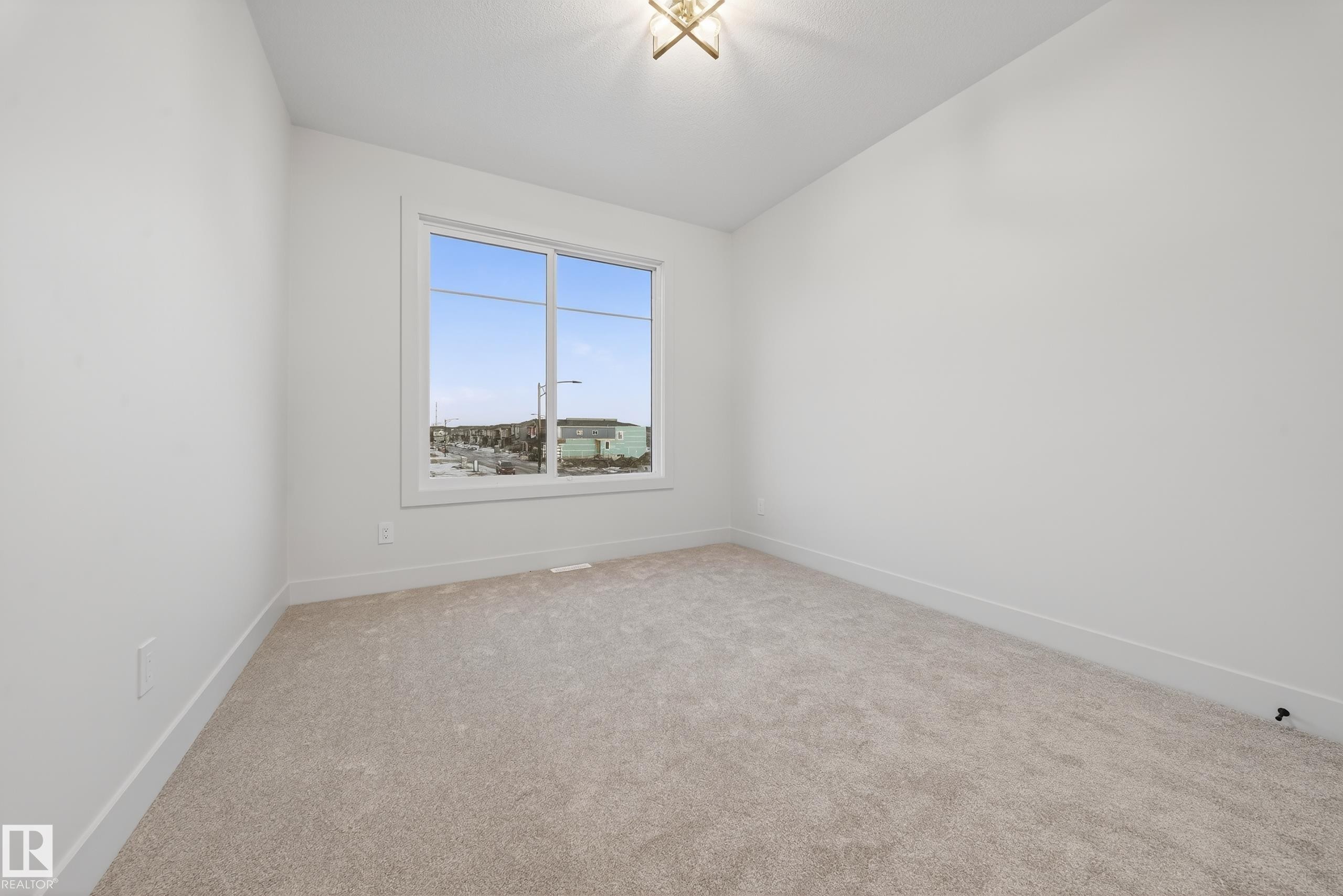 Empty room featuring light colored carpet and vaulted ceiling - 8924 Mayday Way, Edmonton, AB - Indoor Photo Showing Other Room