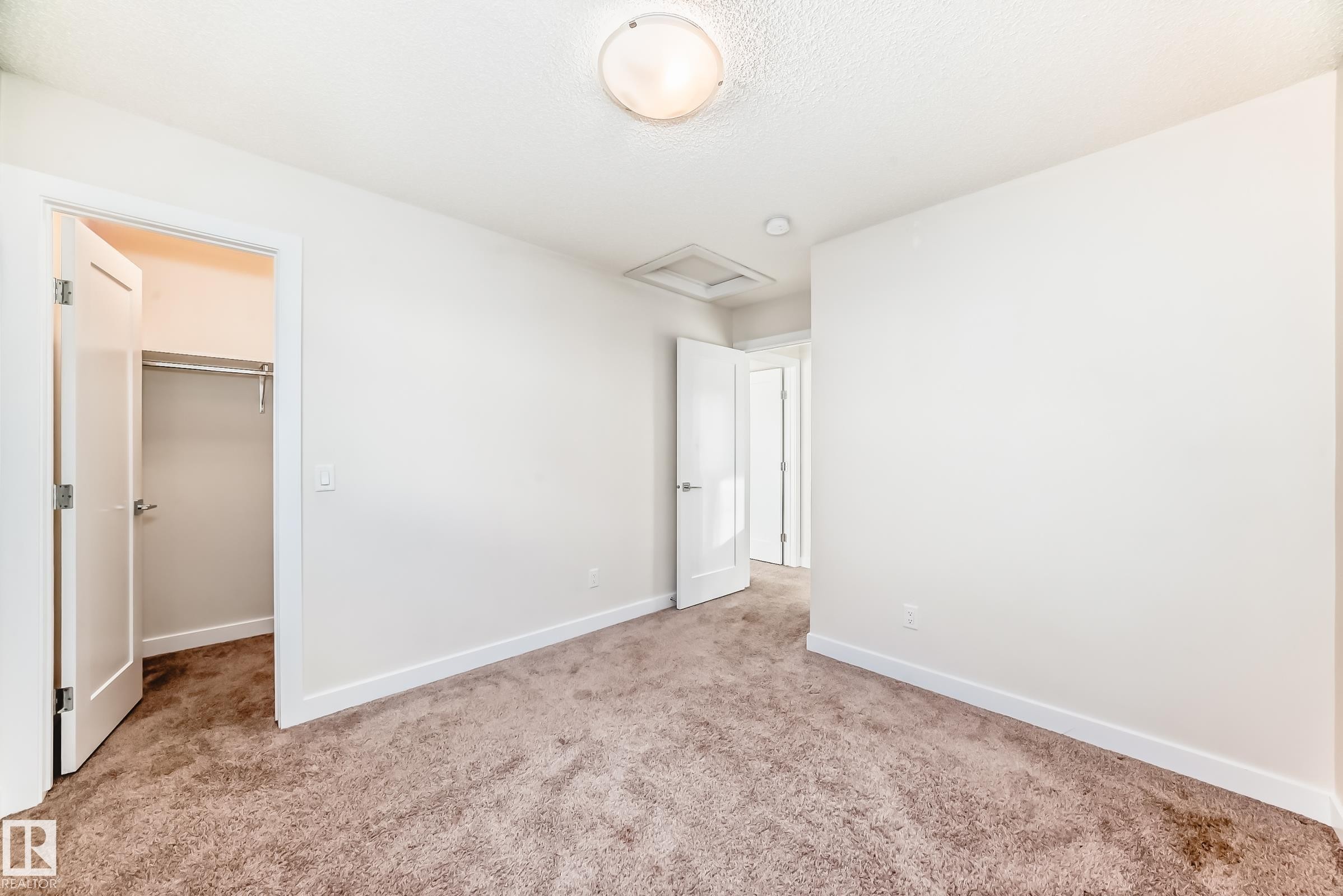 Unfurnished bedroom with a walk in closet and light carpet - 17926 62A Street, Edmonton, AB - Indoor Photo Showing Other Room