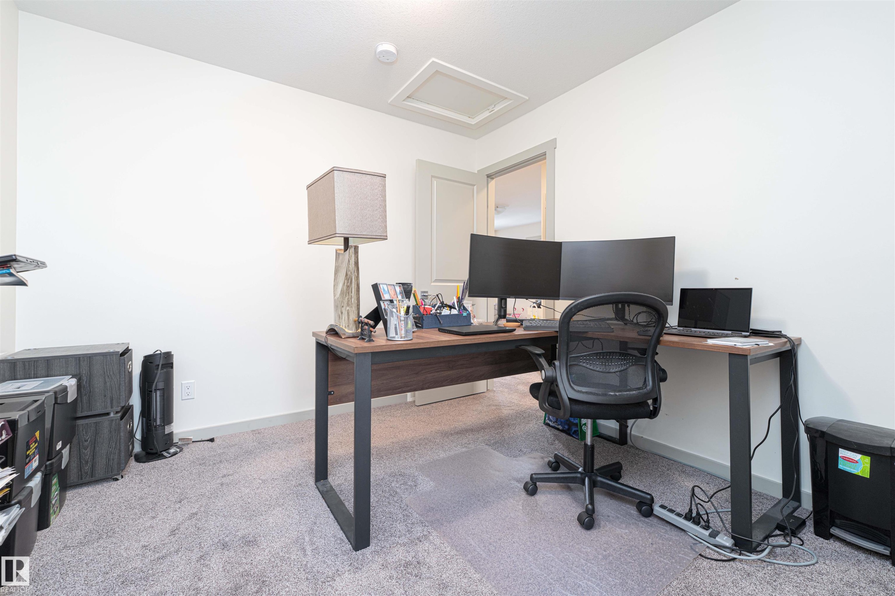 Office space with attic access and light colored carpet - 2330 Kelly Circle, Edmonton, AB - Indoor Photo Showing Office