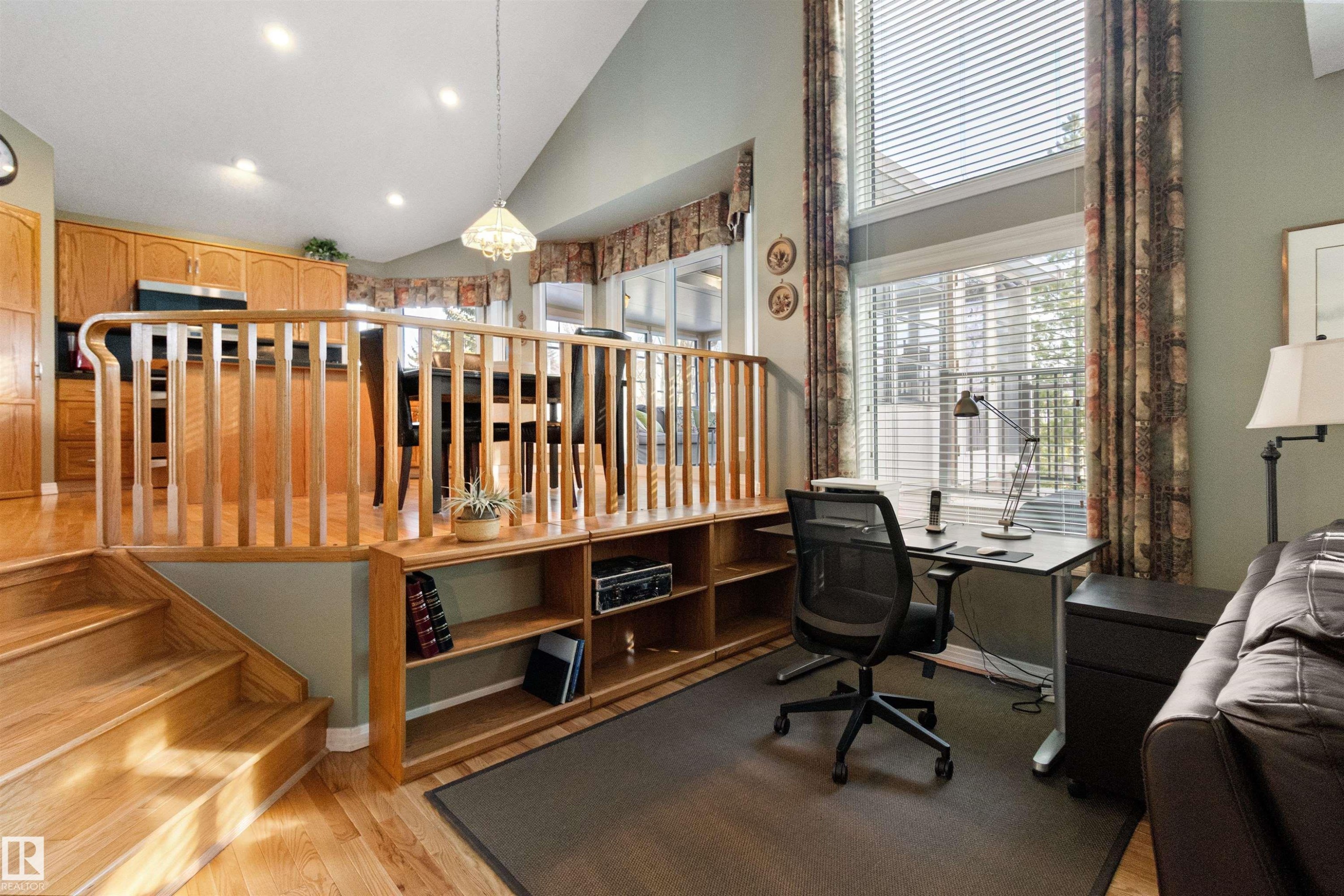 Office space with light wood-type flooring, vaulted ceiling, and recessed lighting - 519 Buchanan Road, Edmonton, AB - Indoor