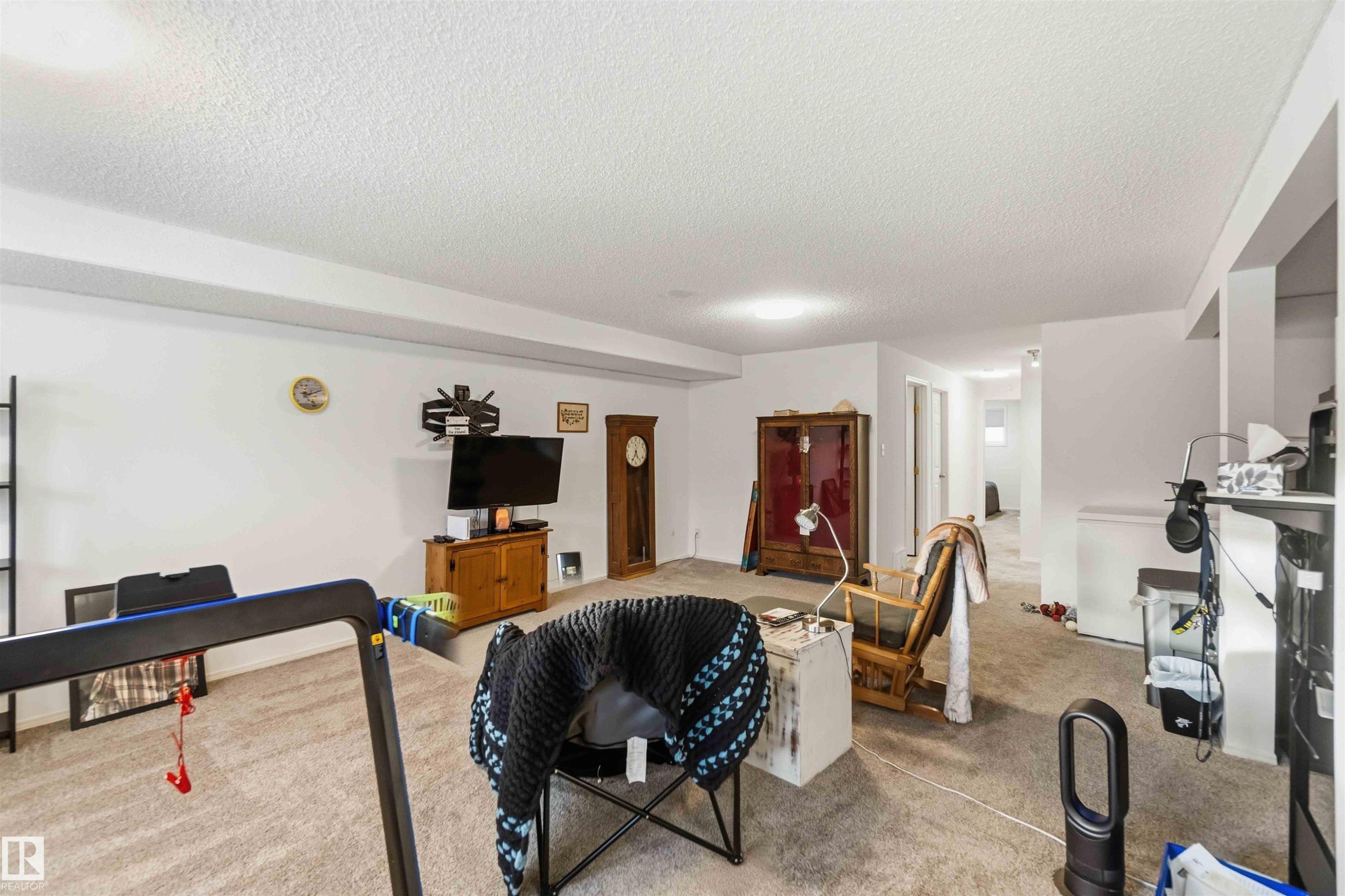 Living area with a textured ceiling and carpet floors - 1706 Turvey Bend, Edmonton, AB - Indoor