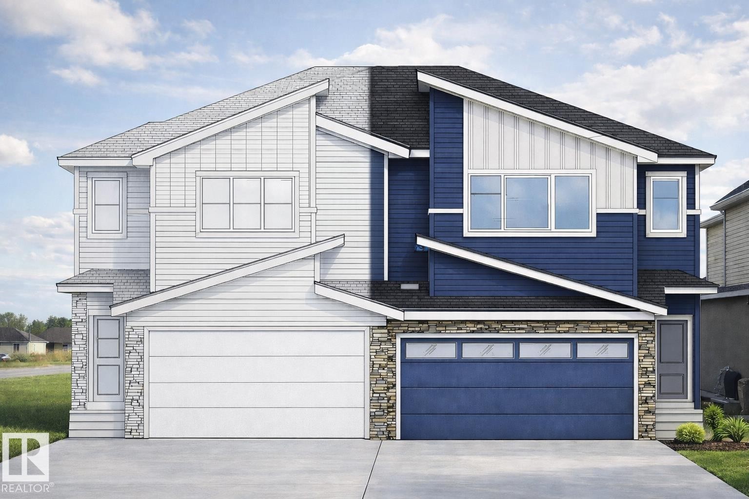 Contemporary home featuring stone siding, concrete driveway, a garage, and a shingled roof - 135 Pierwyck Loop, Spruce Grove, AB - Outdoor