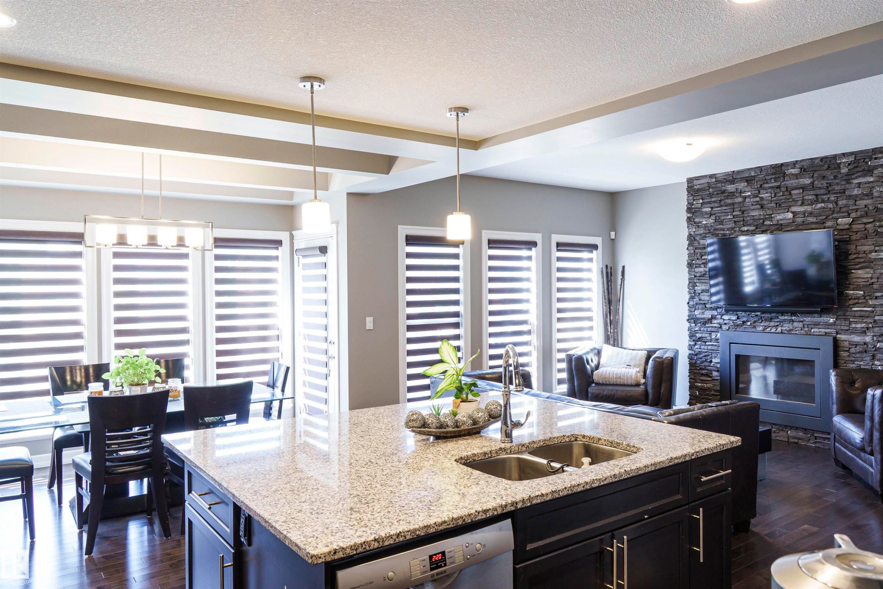 3307 Hilton Crescent, Edmonton, AB - Indoor Photo Showing Kitchen With Fireplace With Double Sink